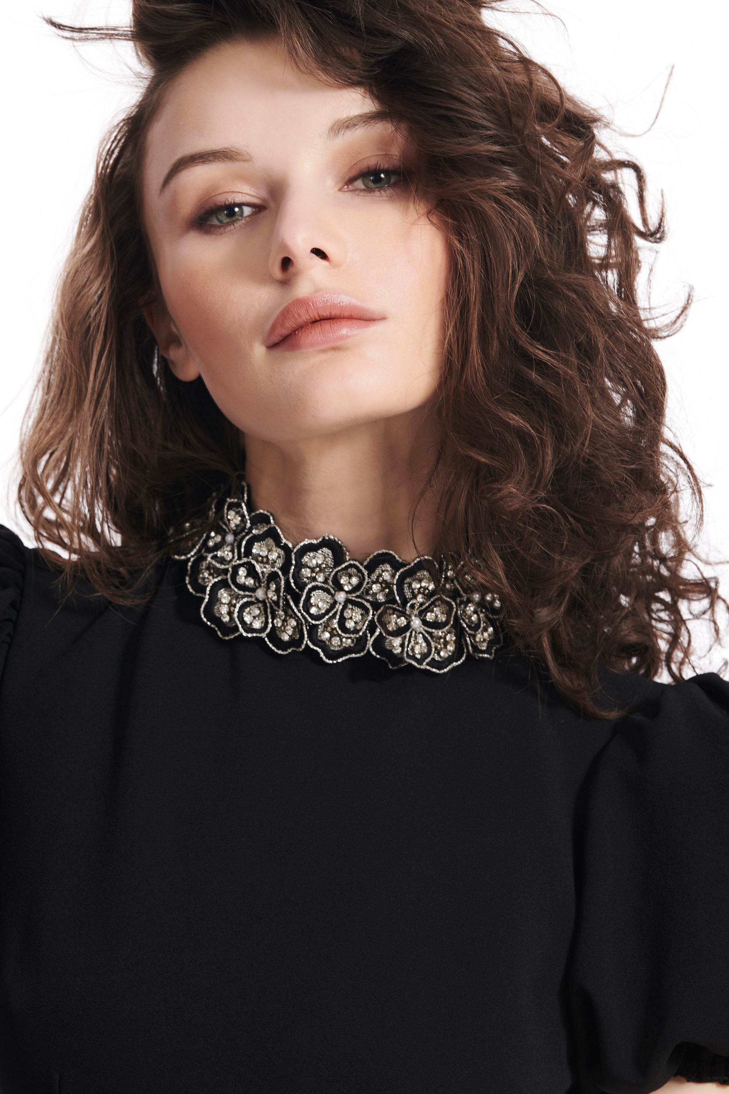 PUFF SLEEVE CREPE GOWN WITH FLOWER APPLIQUE