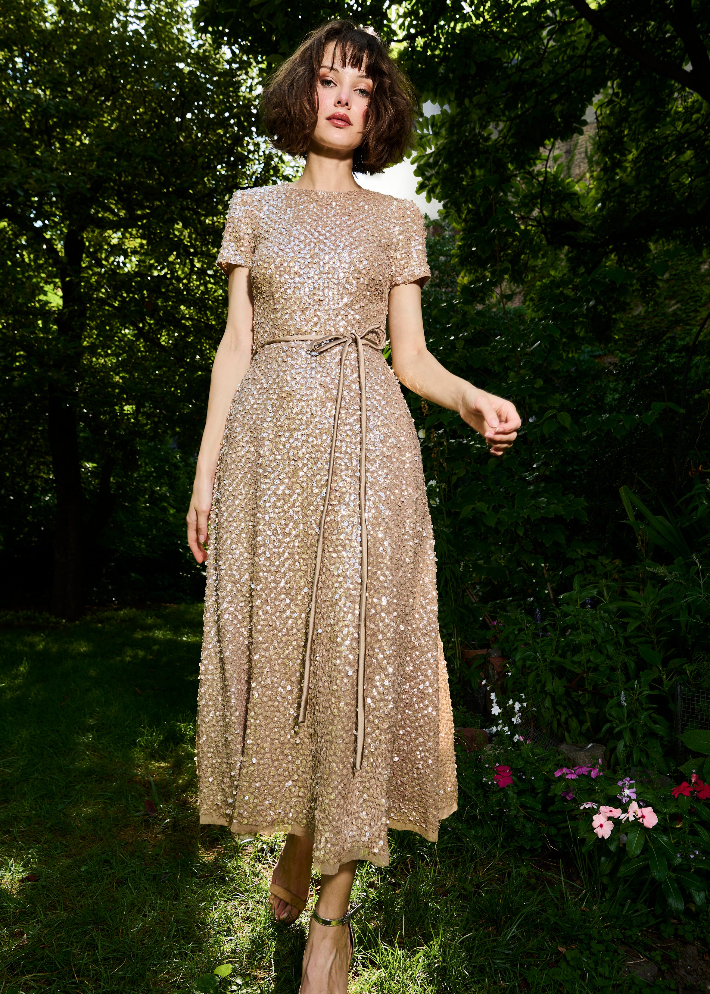 TRANSLUCENT ENCRUSTED SEQUIN DRESS SUNTAN