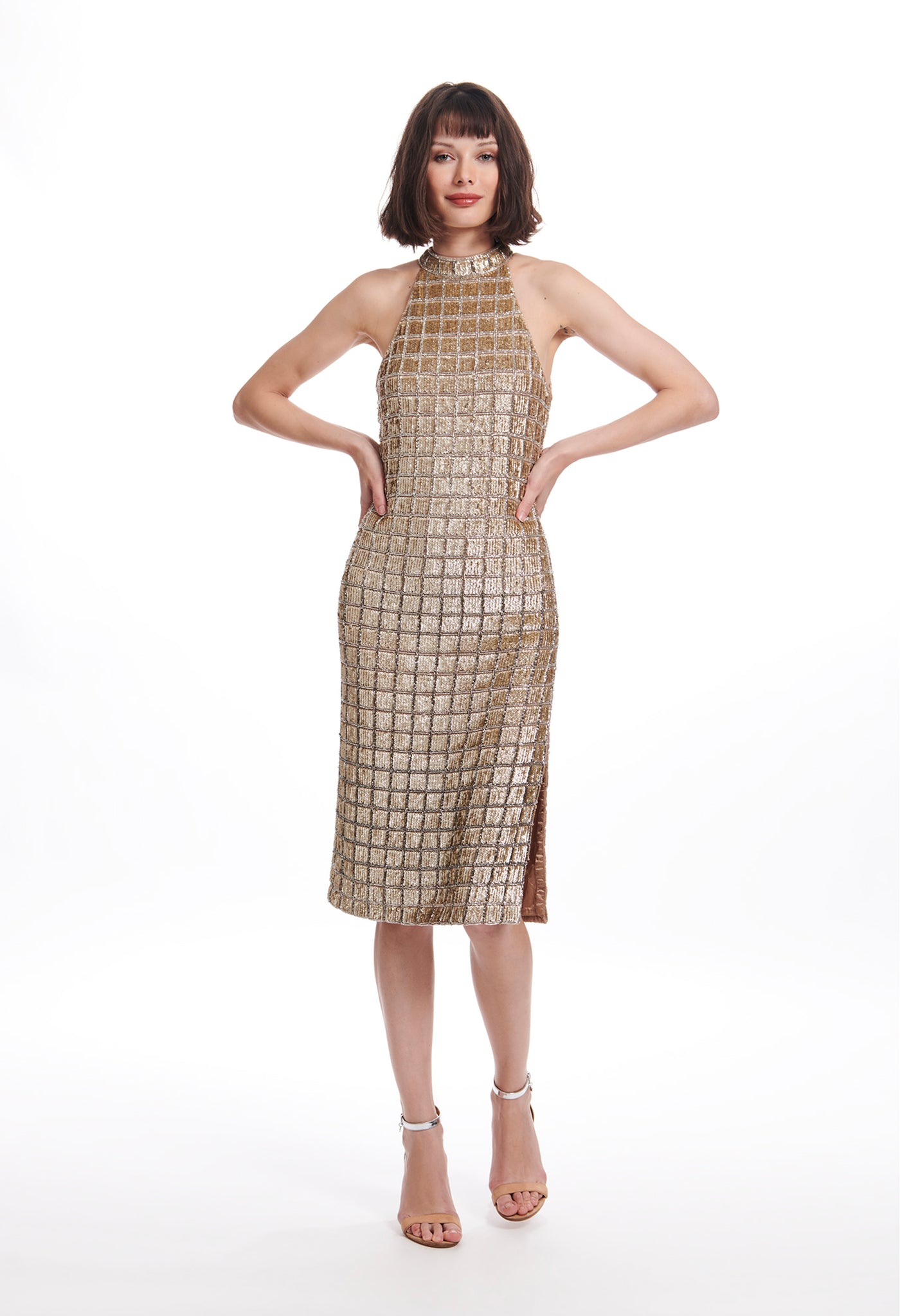 WINDOWPANE SEQUIN MOCK-NECK DRESS GOLD