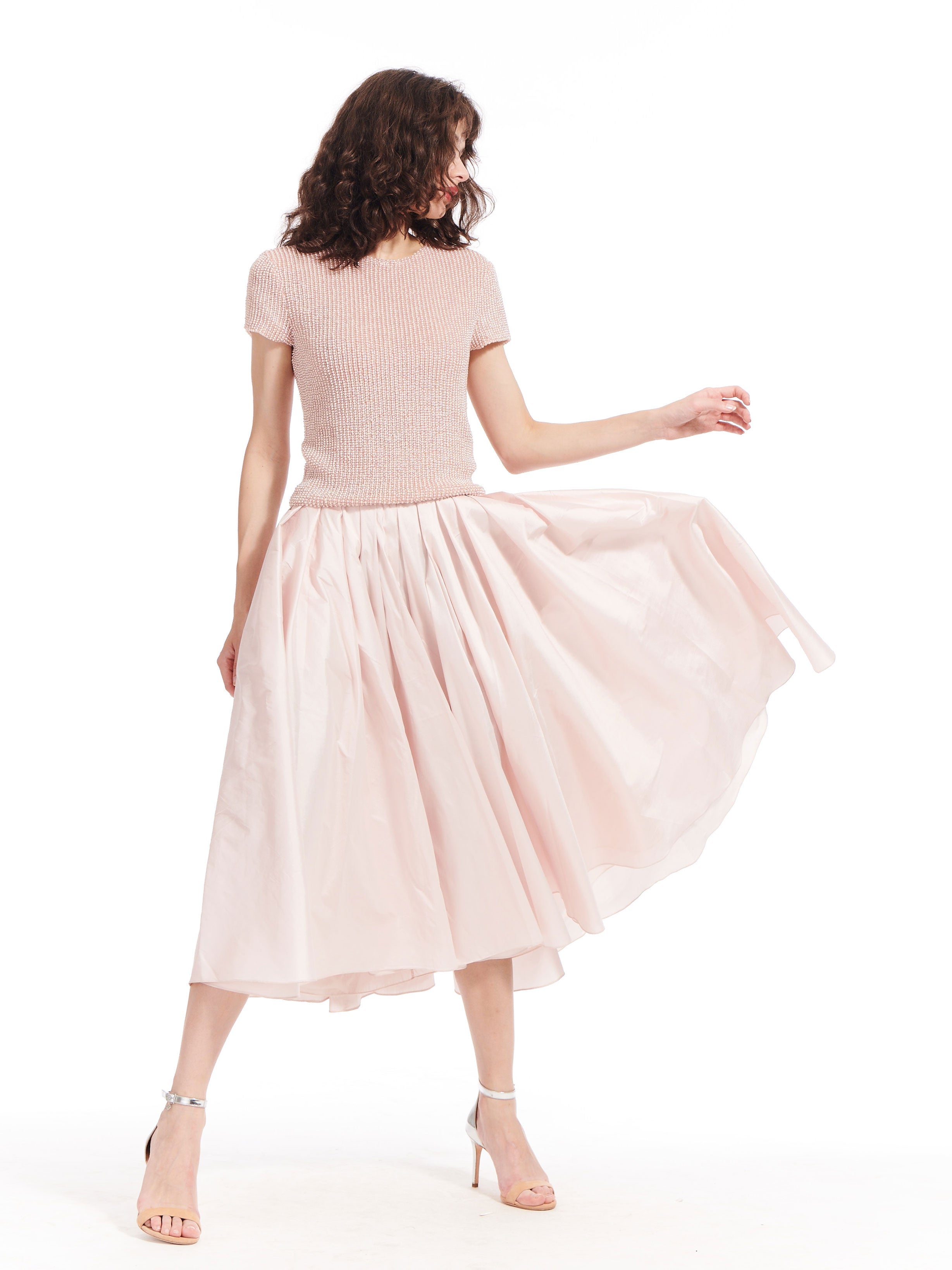 TEA LENGTH PLEATED SOFT TAFFETA MIDI SKIRT BLUSH