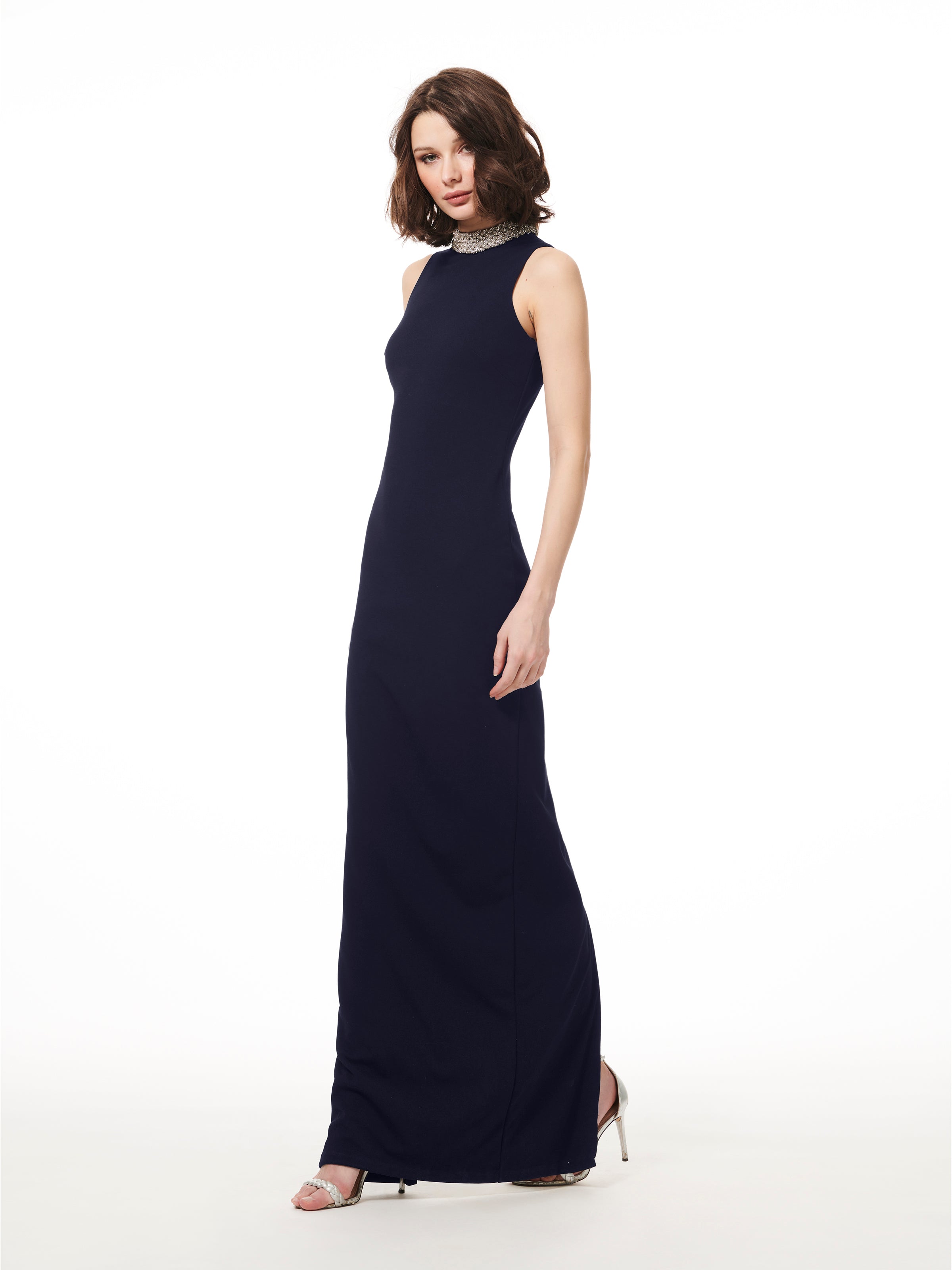 BRAIDED NECK STRETCH CREPE GOWN BLACK