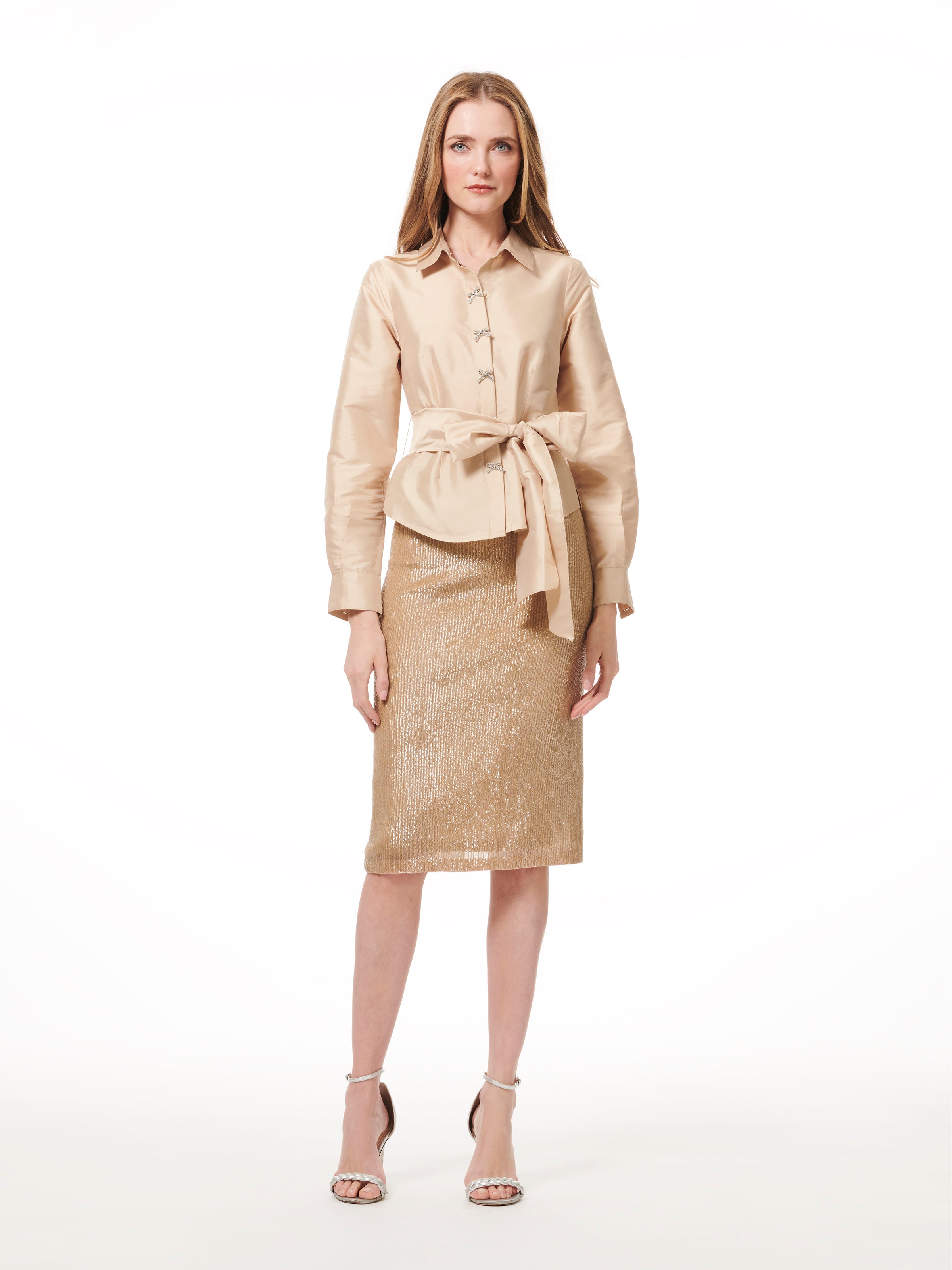TAFFETA BLOUSE WITH CRYSTAL BOW BUTTONS AND SASH CHAMPAGNE