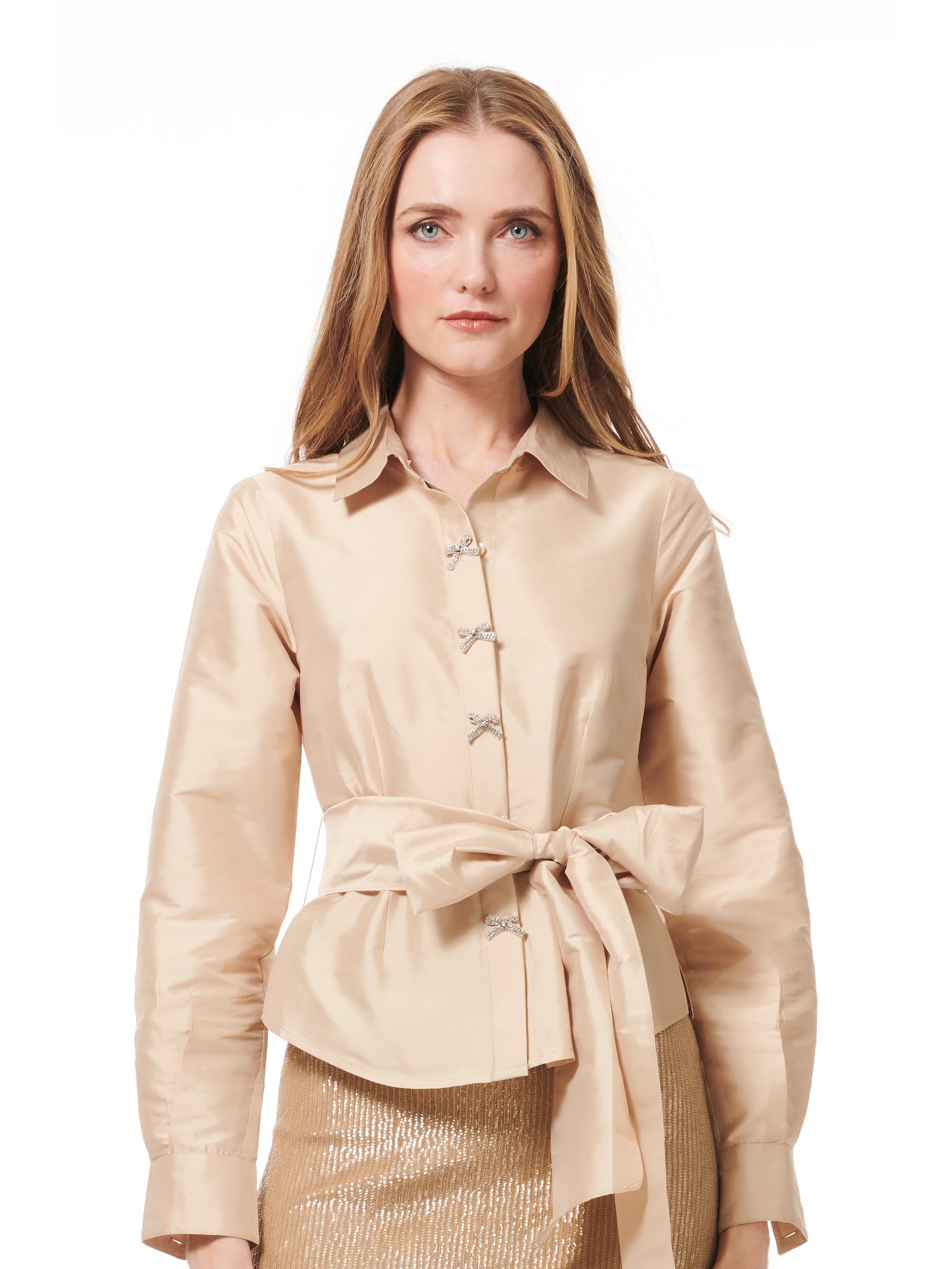 TAFFETA BLOUSE WITH CRYSTAL BOW BUTTONS AND SASH CHAMPAGNE