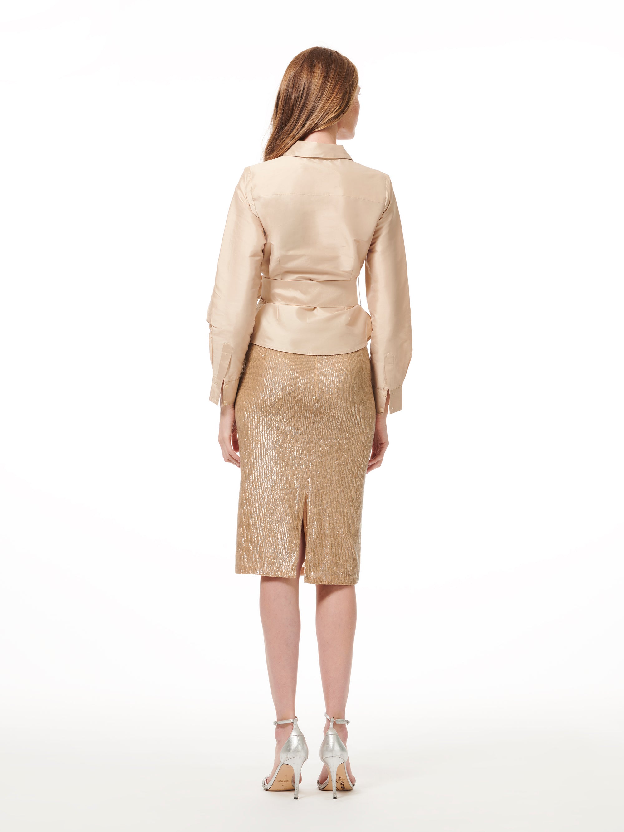 TAFFETA BLOUSE WITH CRYSTAL BOW BUTTONS AND SASH CHAMPAGNE