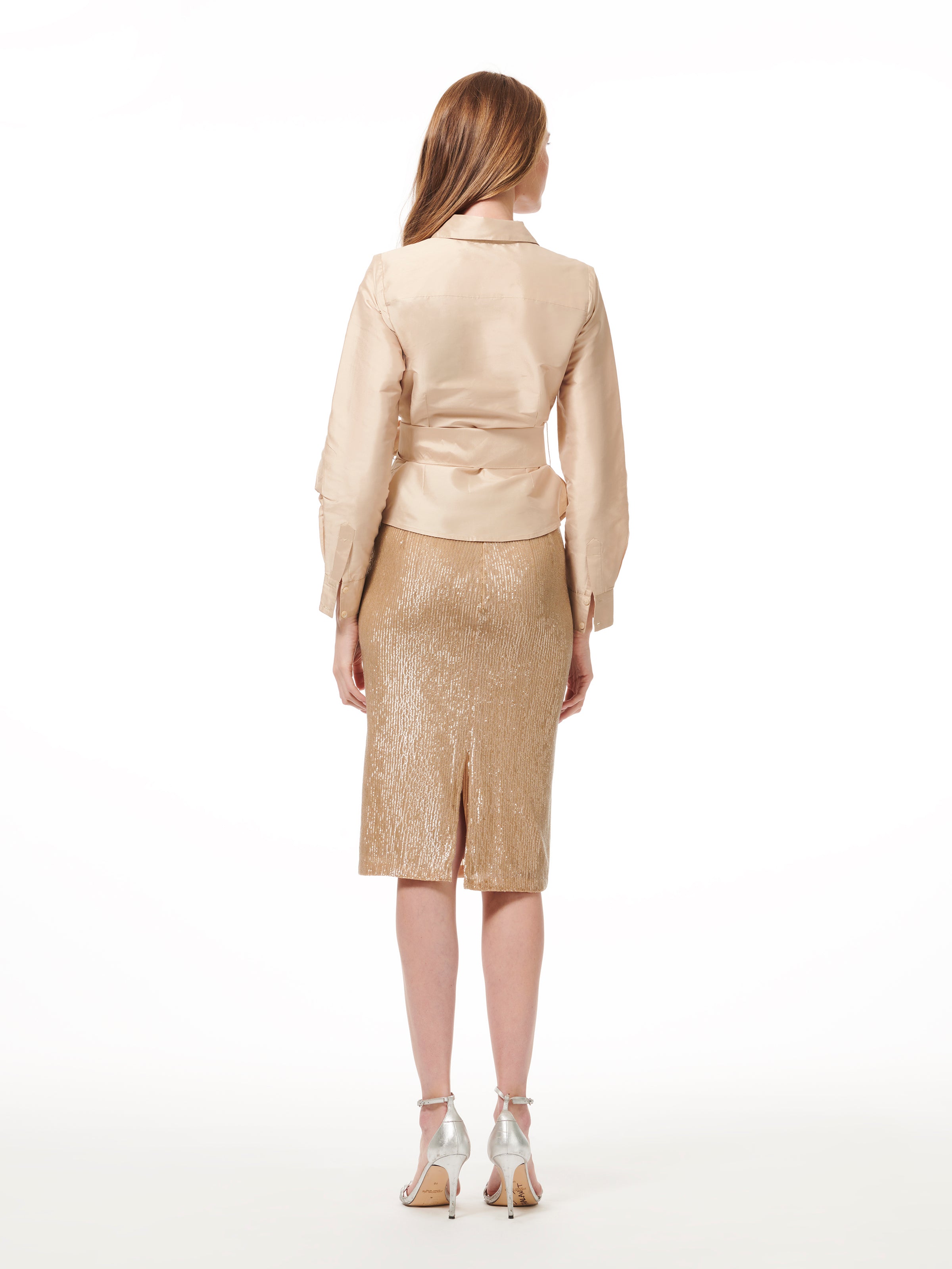 TAFFETA BLOUSE WITH CRYSTAL BOW BUTTONS AND SASH CHAMPAGNE