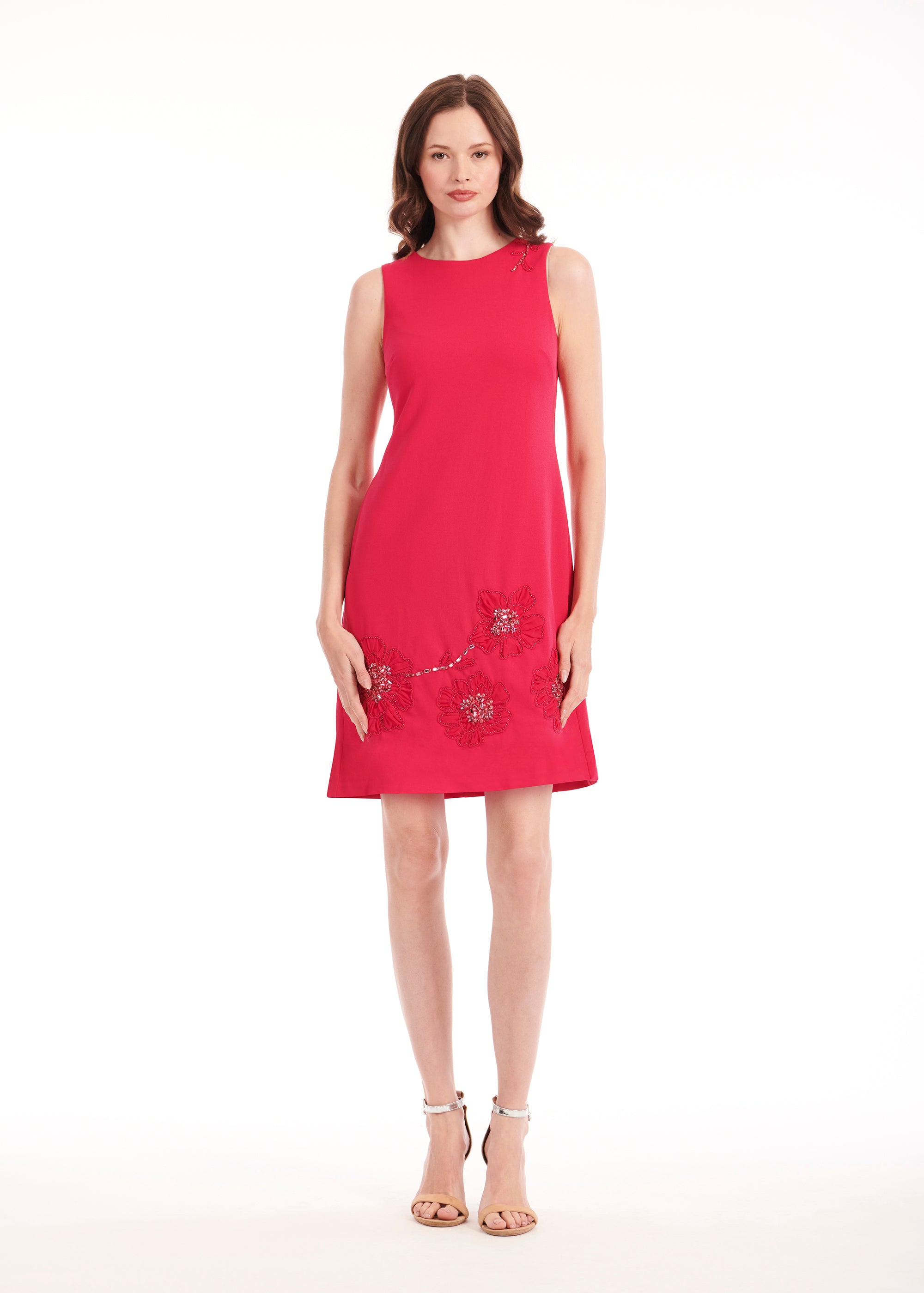 SLEEVELESS STRETCH CREPE DRESS WITH FLOWER APPLIQUE WATERMELON