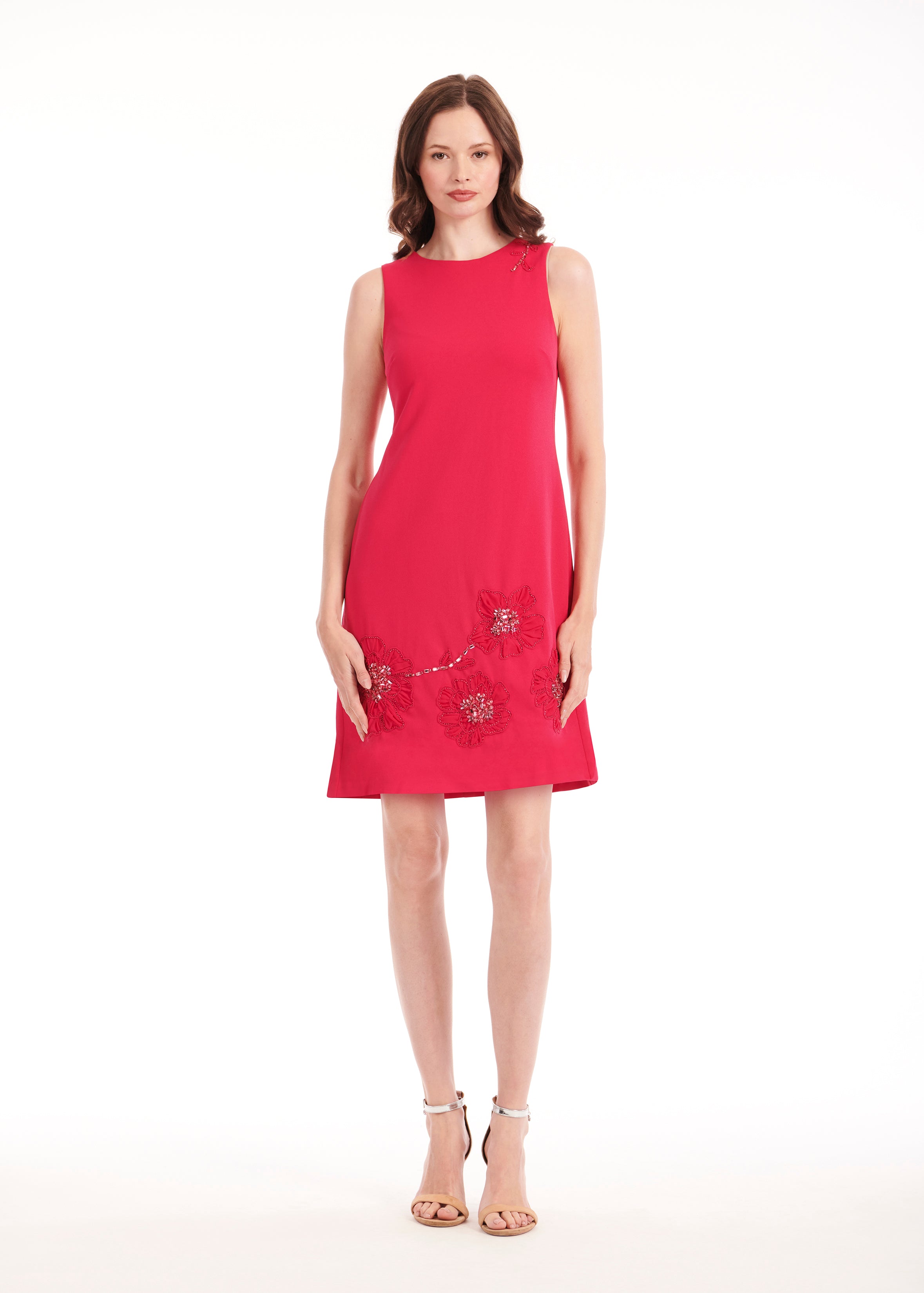 SLEEVELESS STRETCH CREPE DRESS WITH FLOWER APPLIQUE WATERMELON