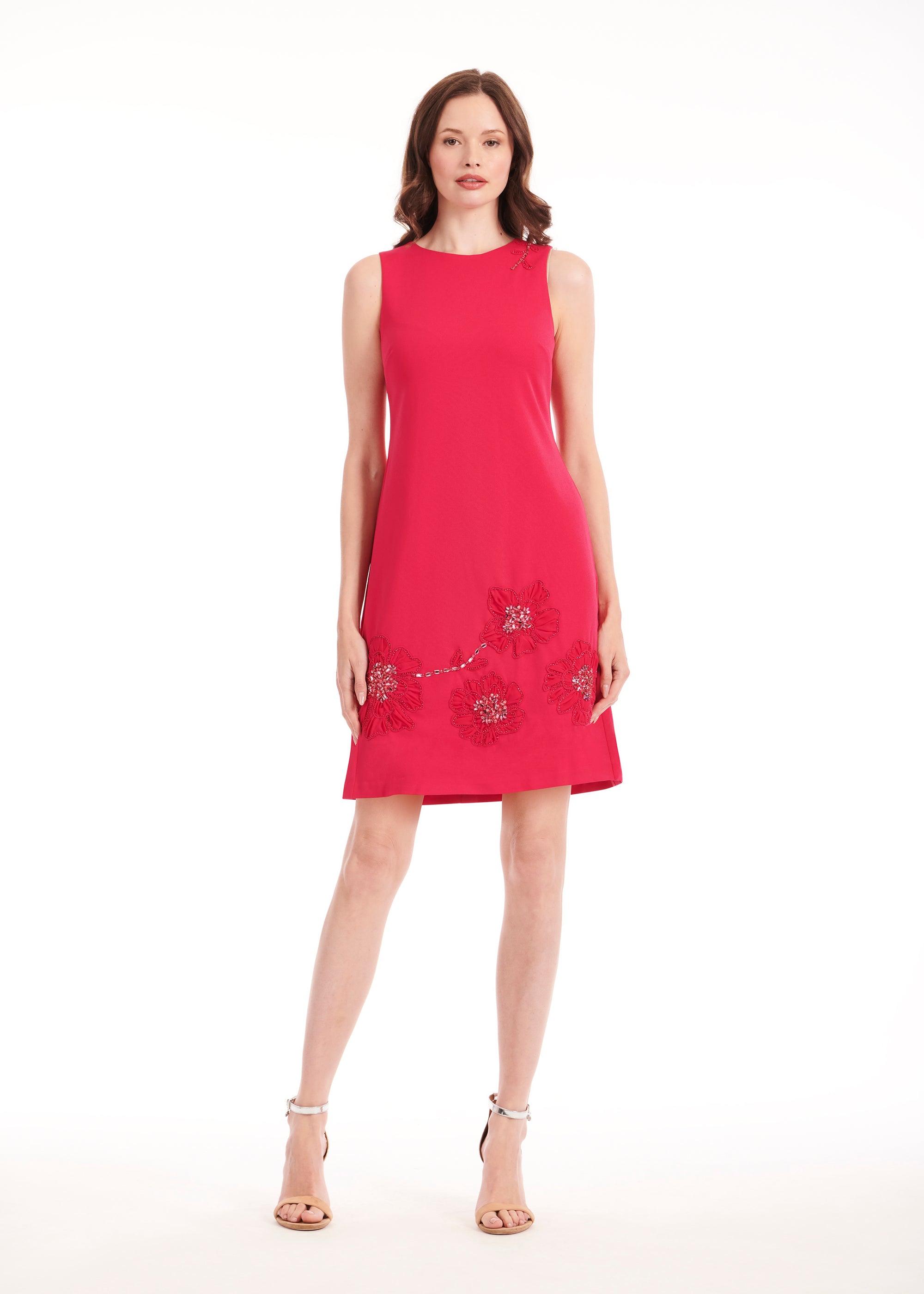SLEEVELESS STRETCH CREPE DRESS WITH FLOWER APPLIQUE WATERMELON