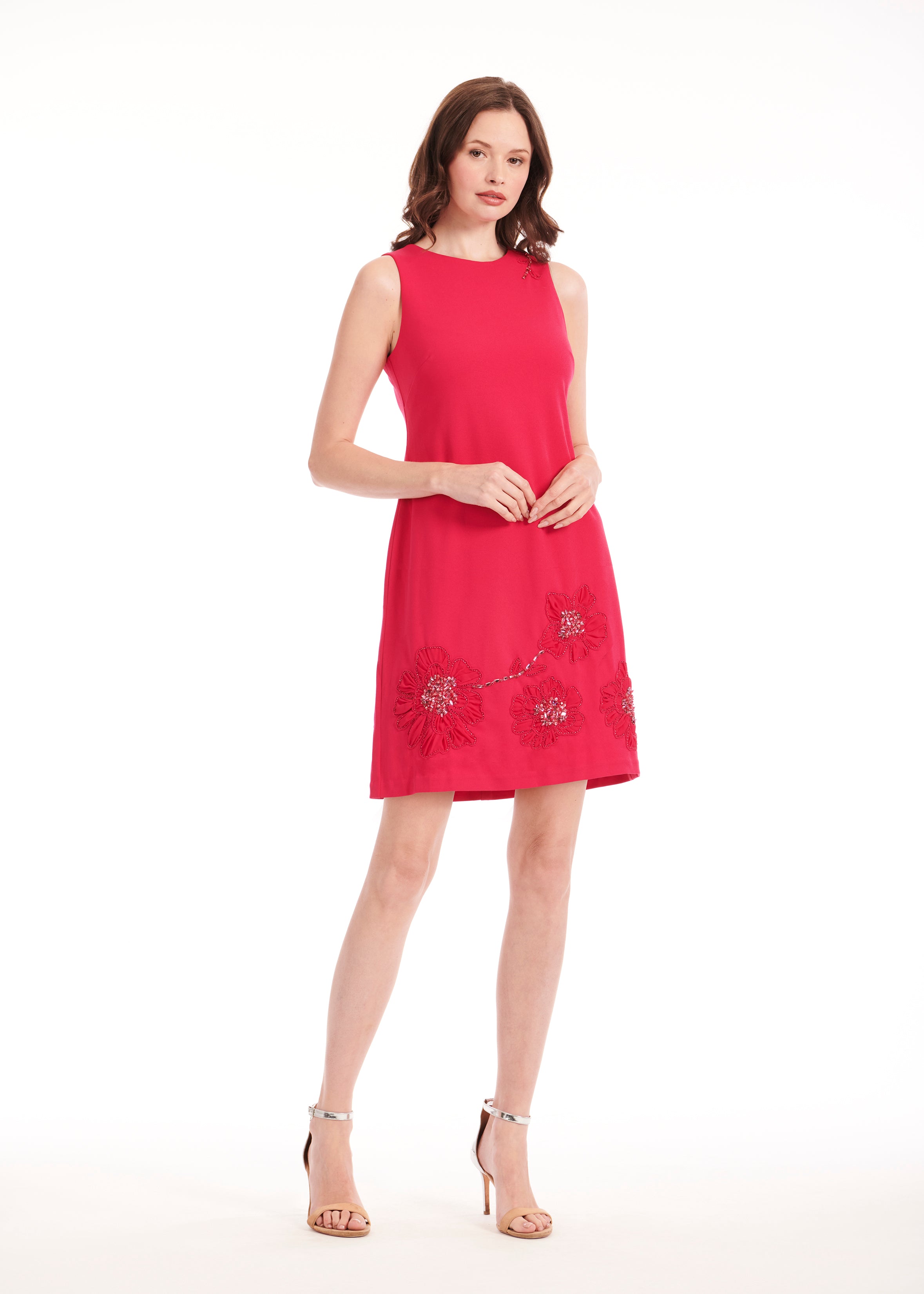 SLEEVELESS STRETCH CREPE DRESS WITH FLOWER APPLIQUE WATERMELON