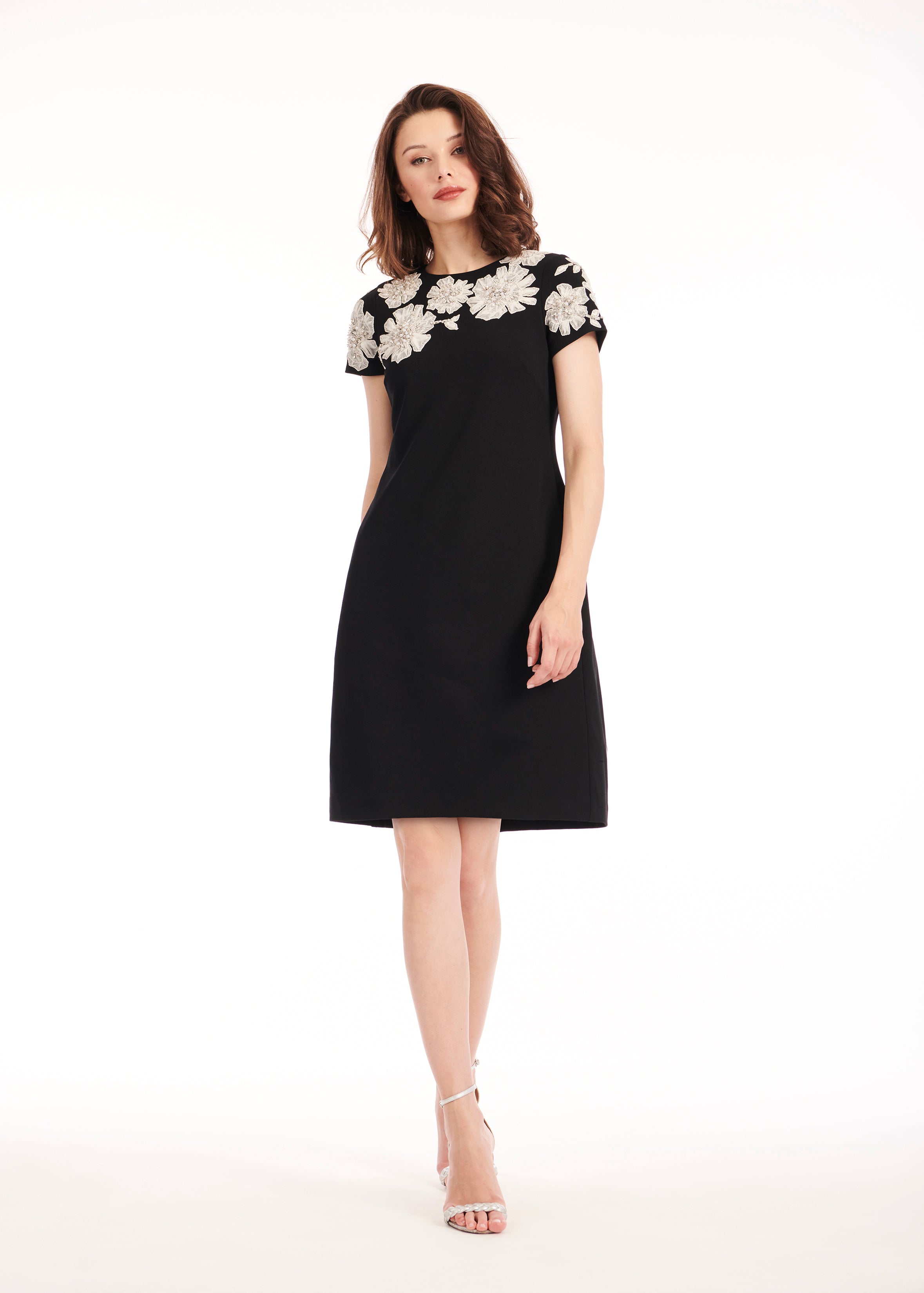 CREPE FLORAL APPLIQUE MINI A-LINE DRESS BLACK/IVORY
