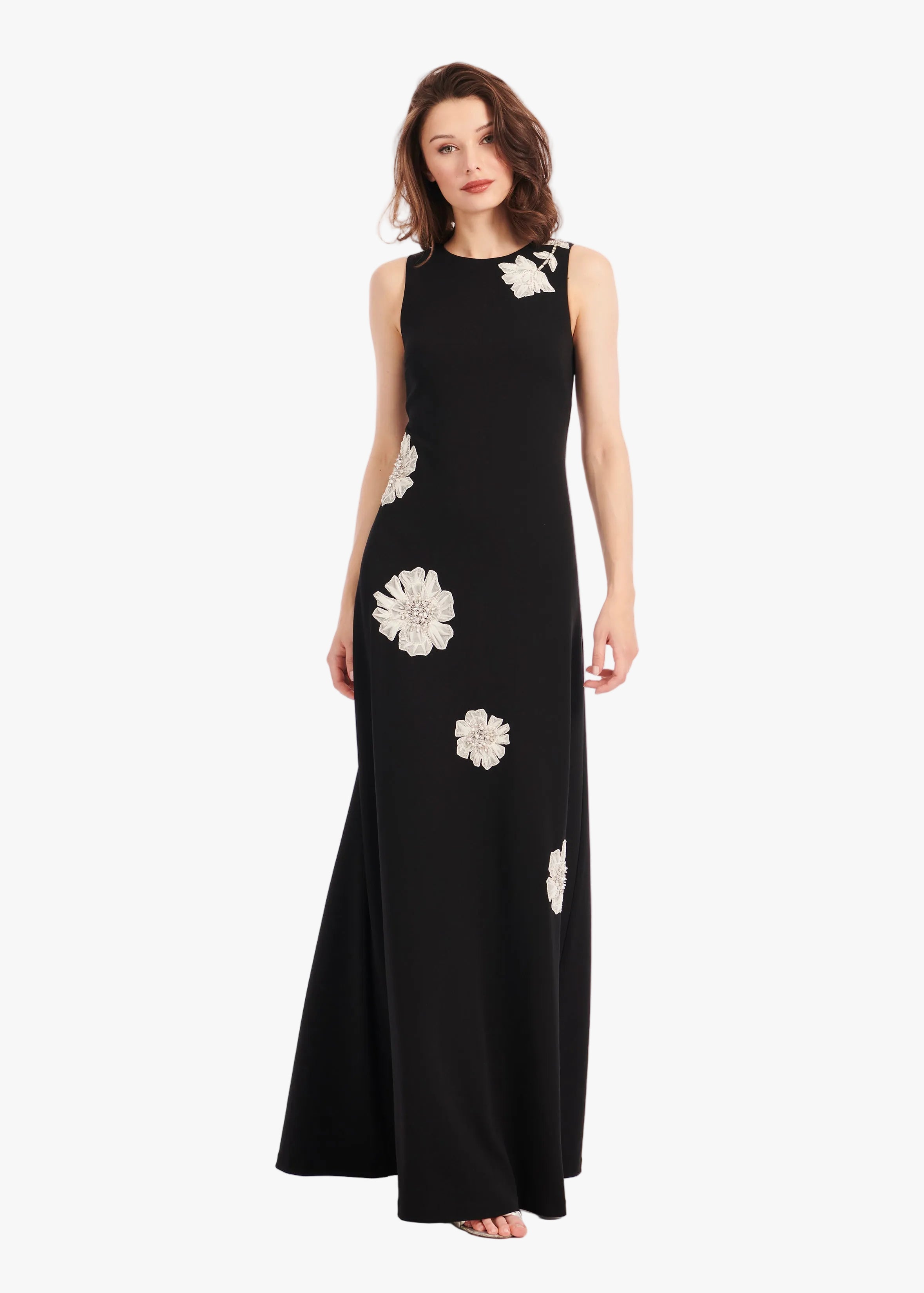 CREPE GOWN WITH APPLIQUE FLOWERS BLACK/ IVORY