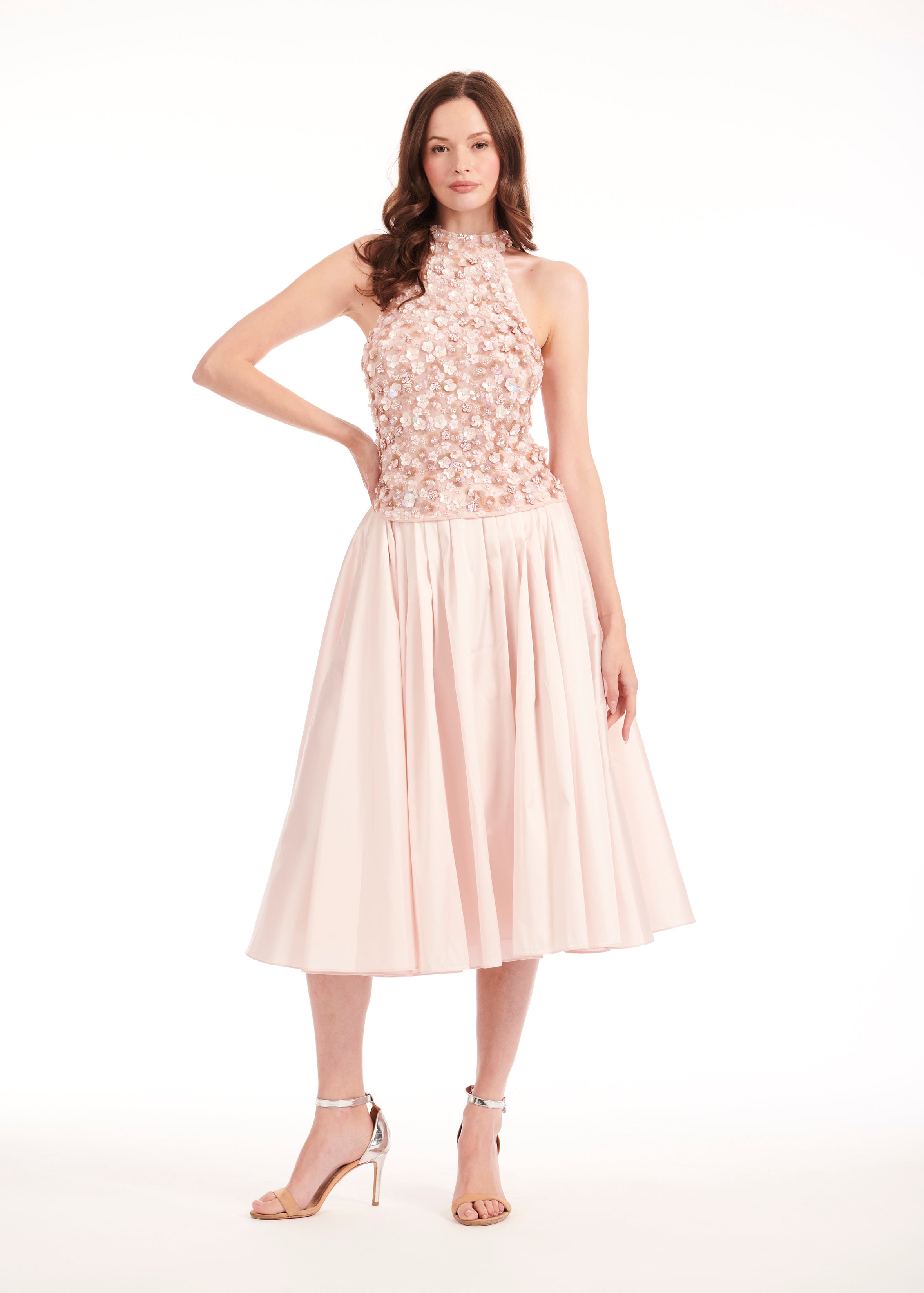 TEA LENGTH PLEATED SOFT TAFFETA MIDI SKIRT BLUSH