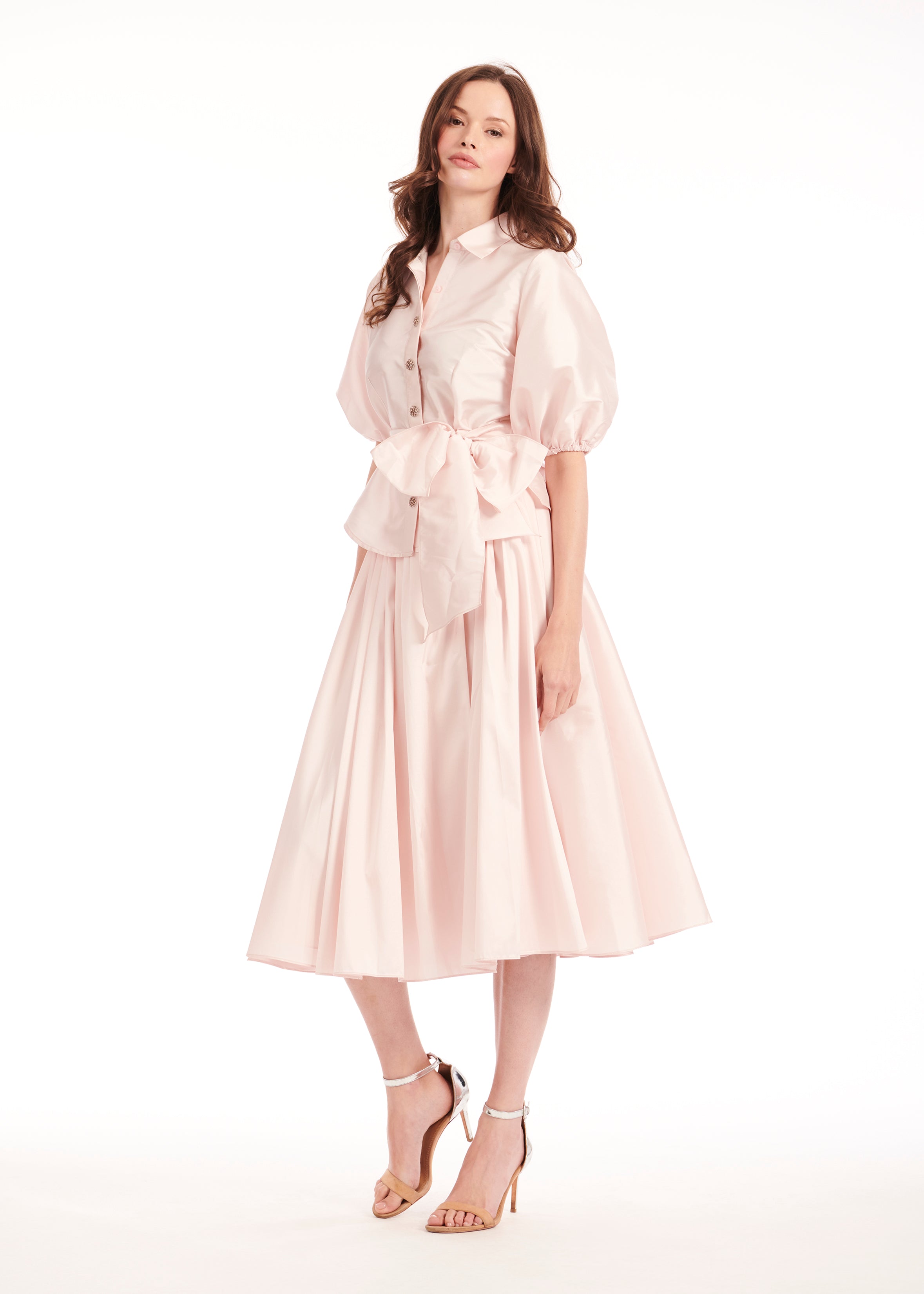 TEA LENGTH PLEATED SOFT TAFFETA MIDI SKIRT BLUSH