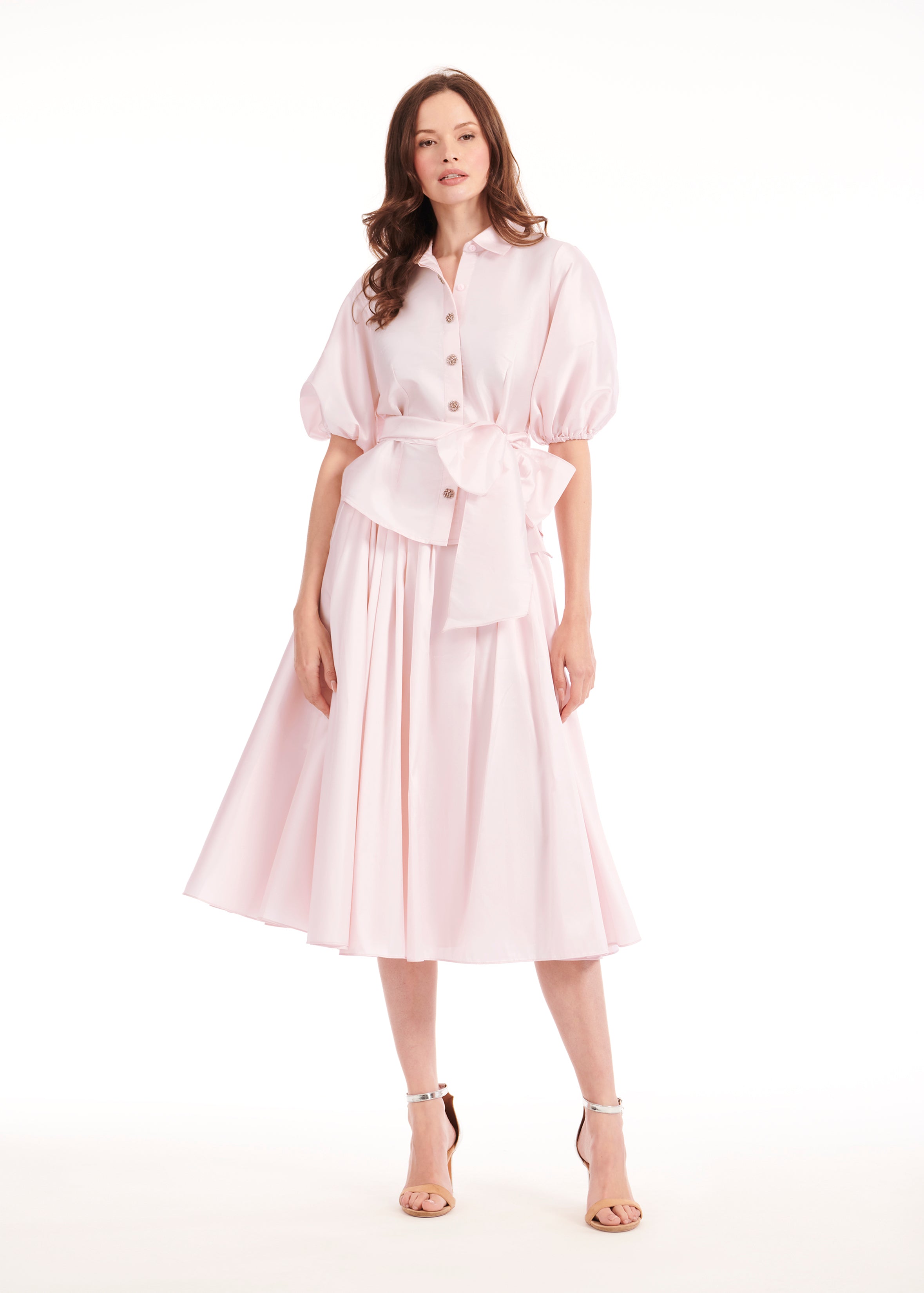 TEA LENGTH PLEATED SOFT TAFFETA MIDI SKIRT BLUSH