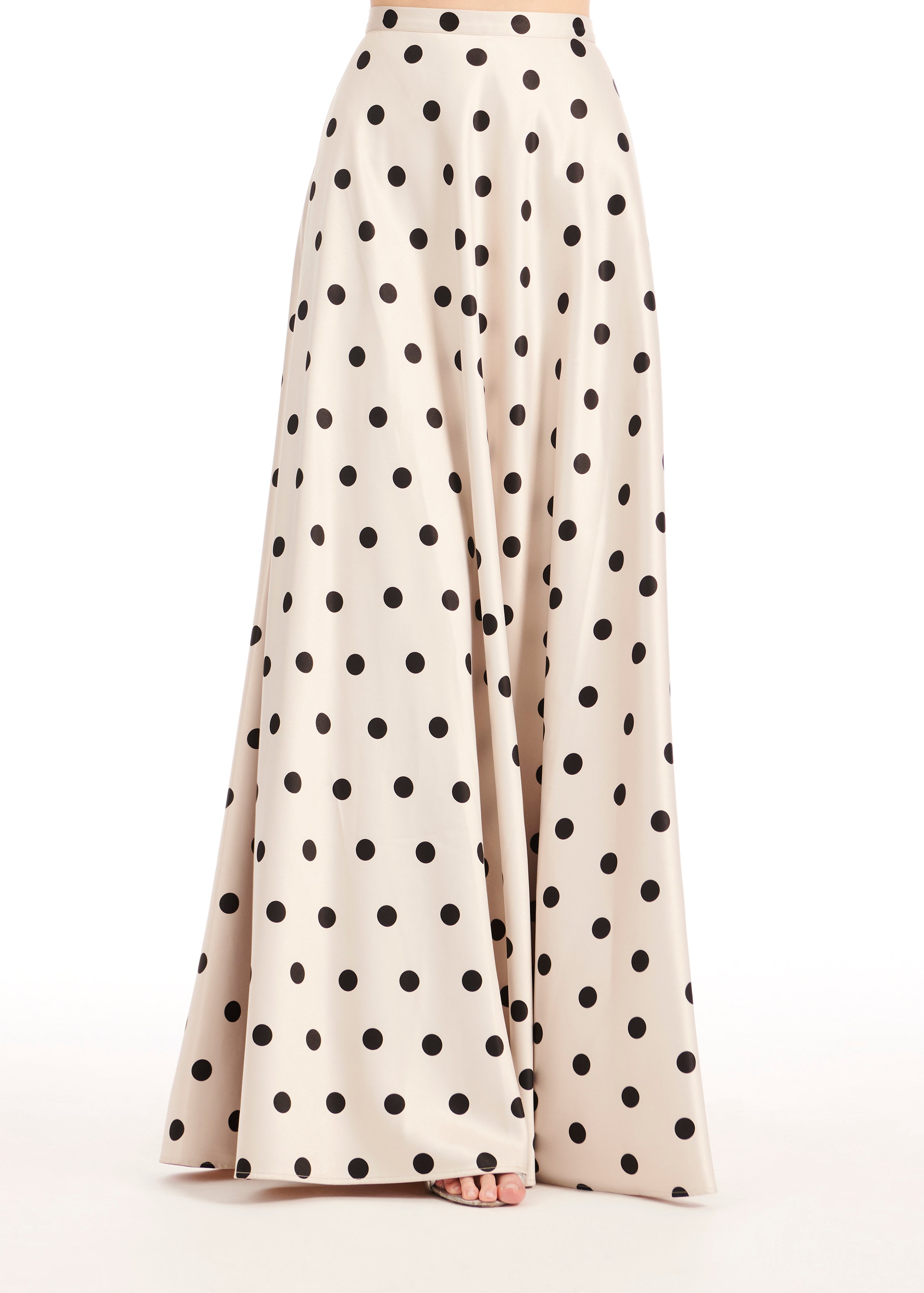 【BAON】Niola Dot Nylon Layered Long Skirt STRETCH SATIN DOT A-LINE LONG SKIRT - IVORY/BLACK | Emily