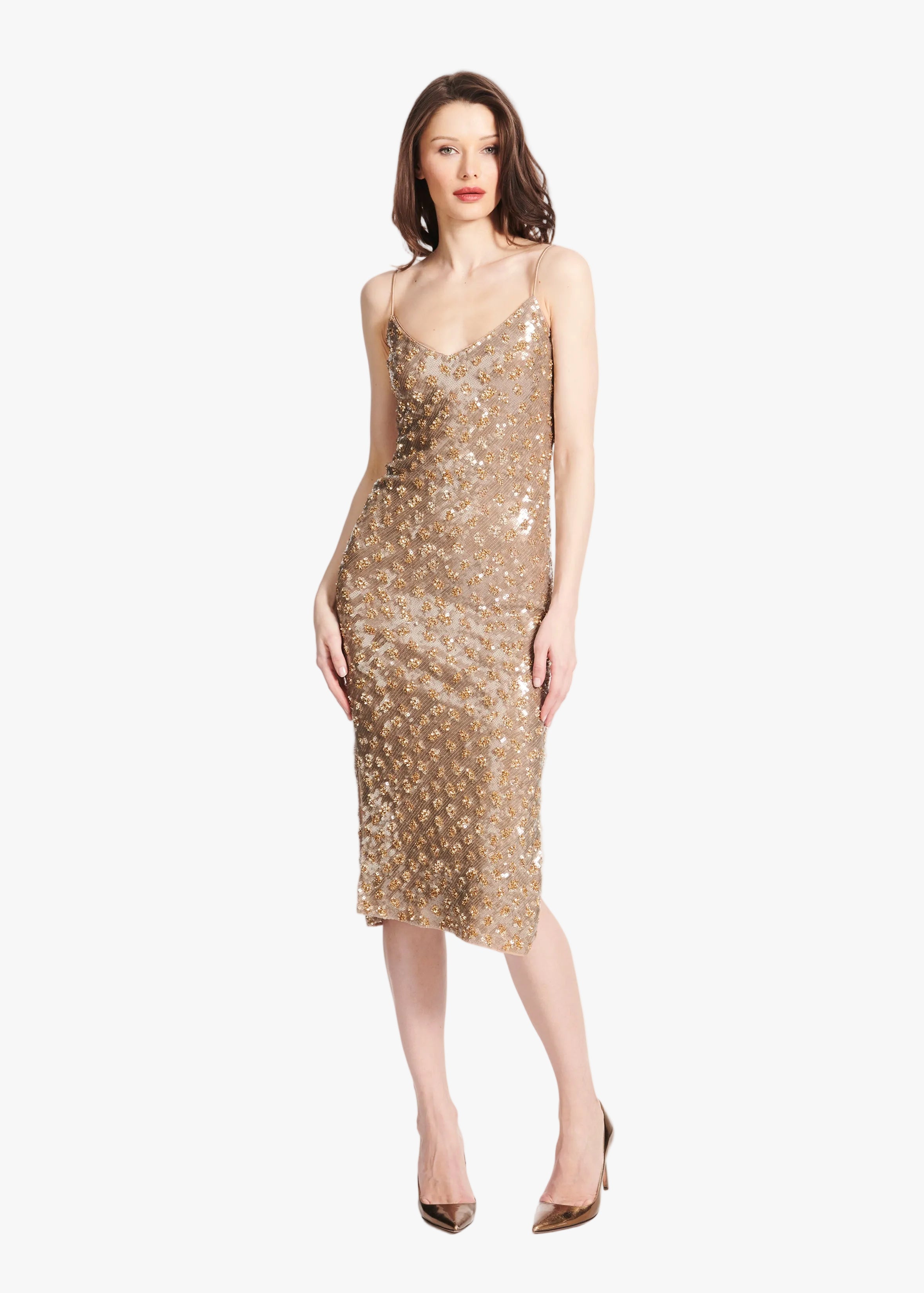 HAND BEADED SOFT METALLIC SLIP DRESS IN SUBTLE ANIMAL