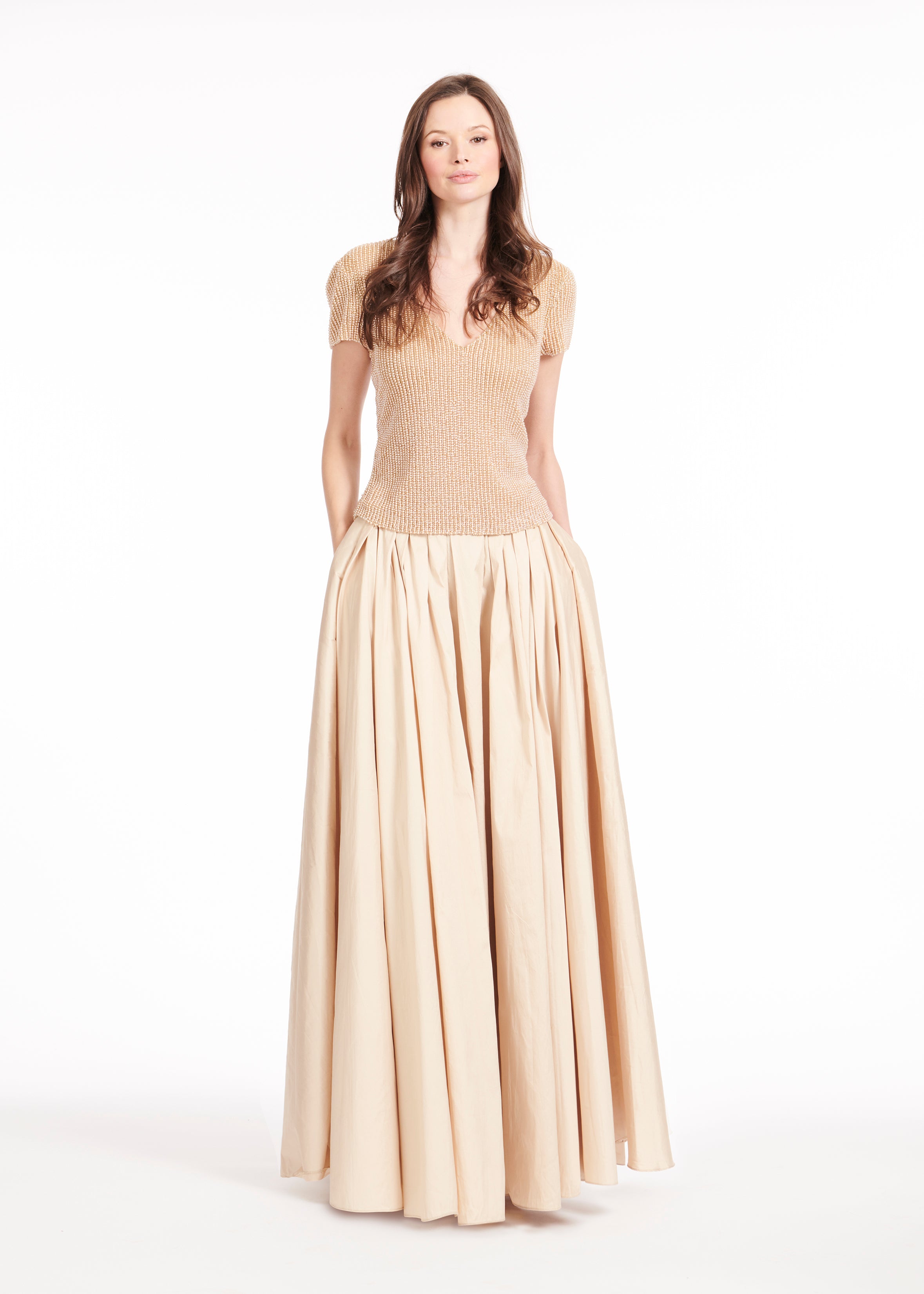 STRETCH PEARL BEADED V-NECK TOP BLUSH