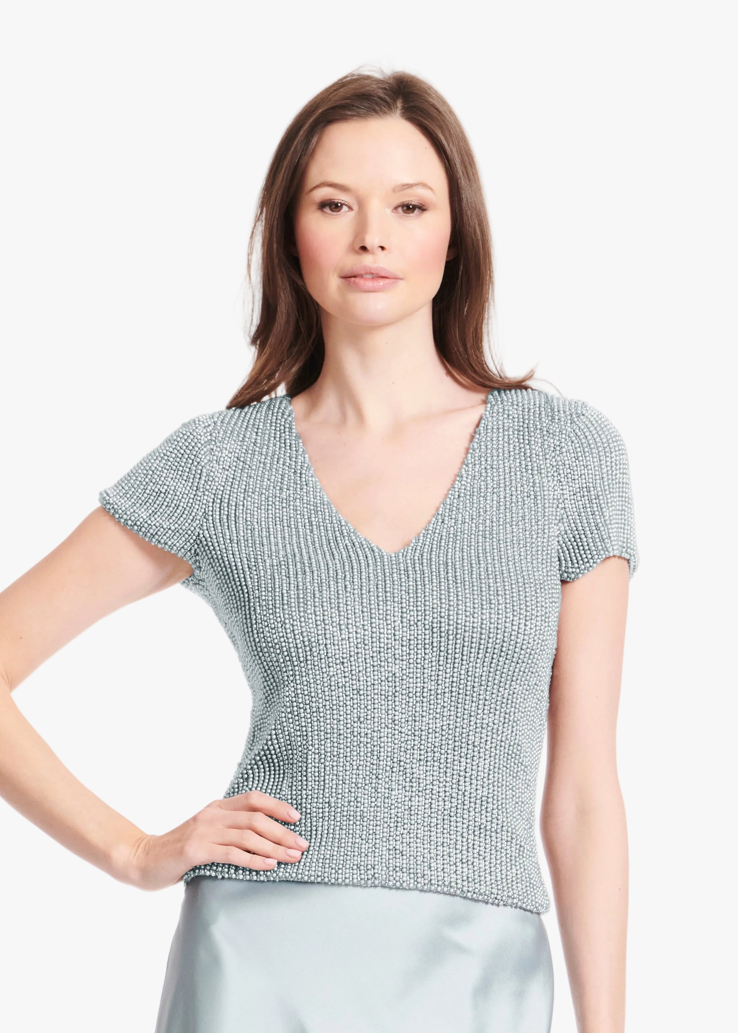 STRETCH PEARL V-NECK BEADED TOP LIGHT BLUE