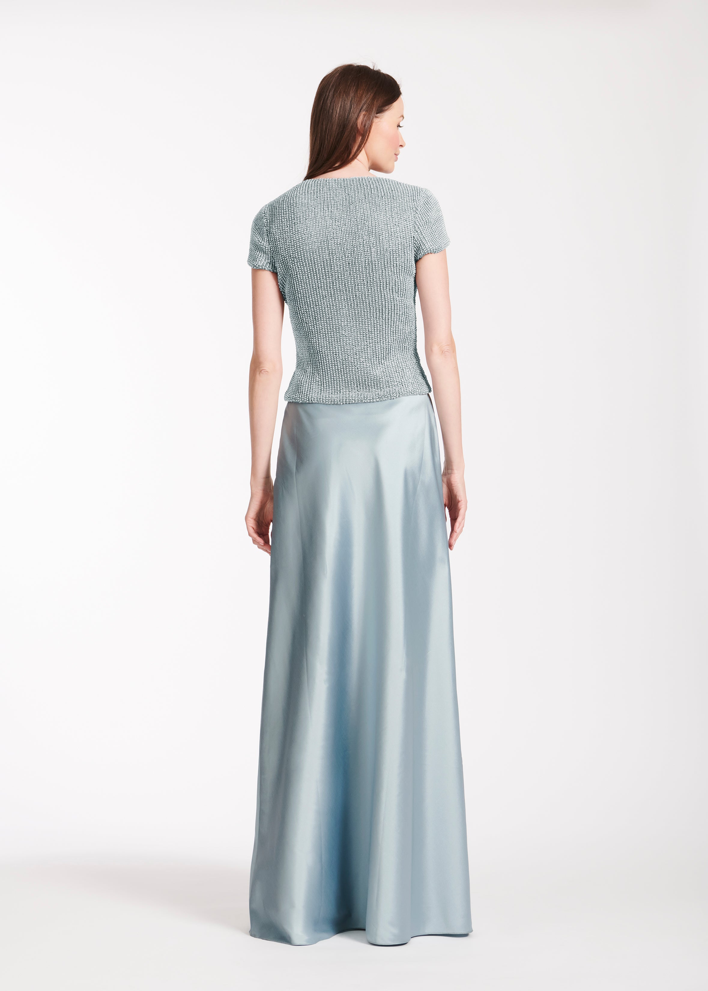 STRETCH PEARL V-NECK BEADED TOP LIGHT BLUE