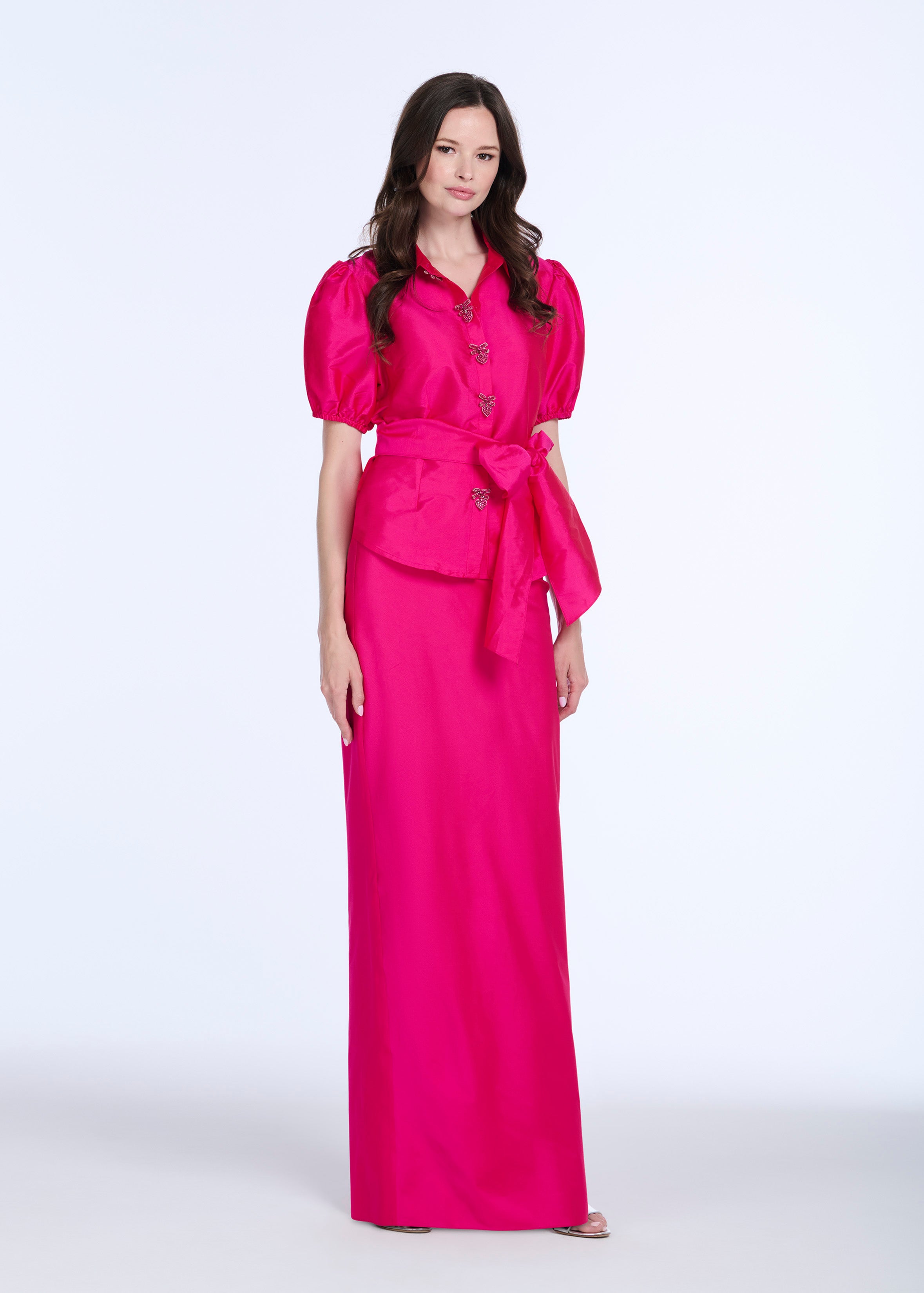 TAFFETA PUFF SLEEVE BLOUSE WITH CRYSTAL BOW HEART BUTTONS WATERMELON