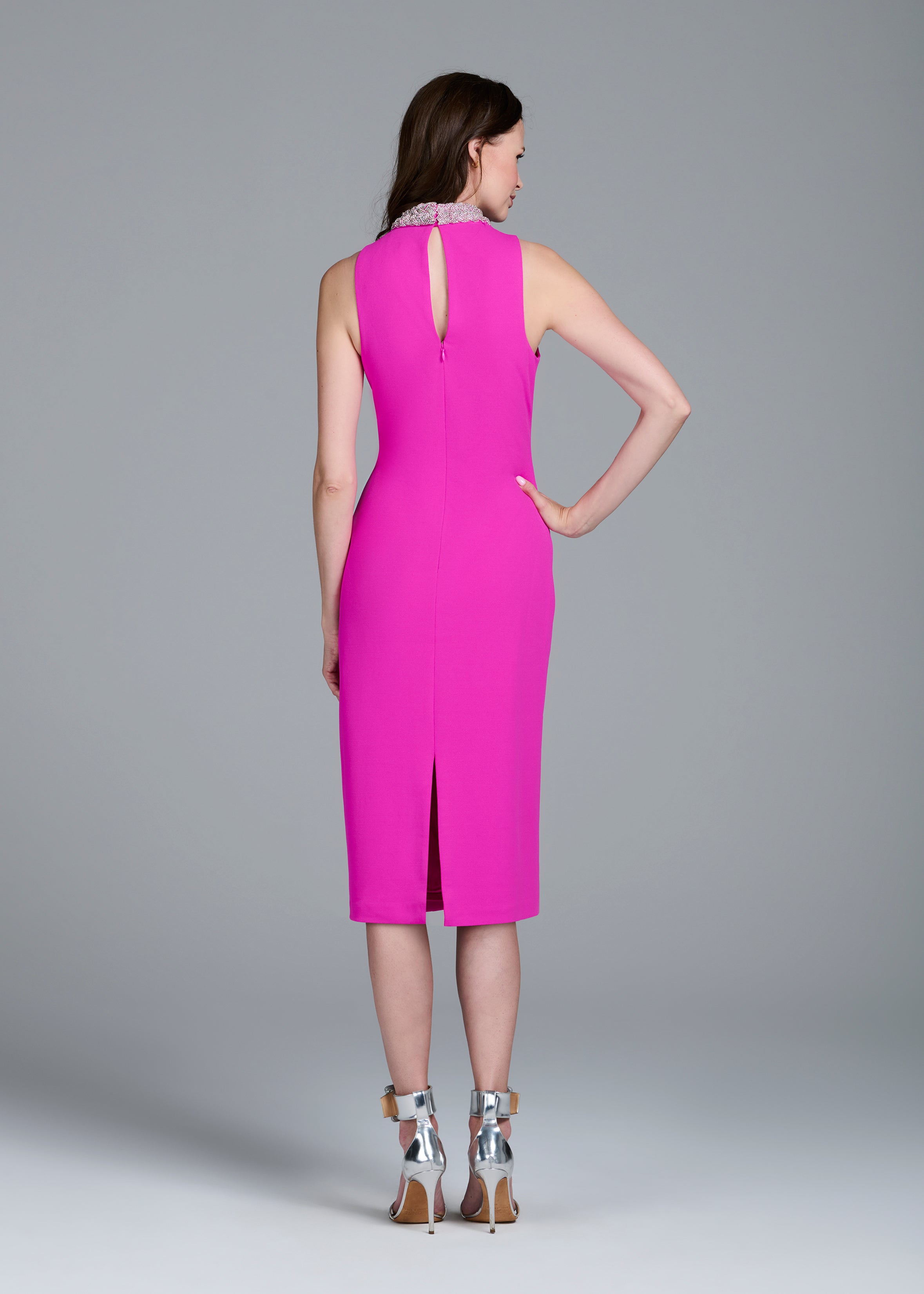 BRAIDED CRYSTAL MOCK NECK MIDI DRESS HOT PINK