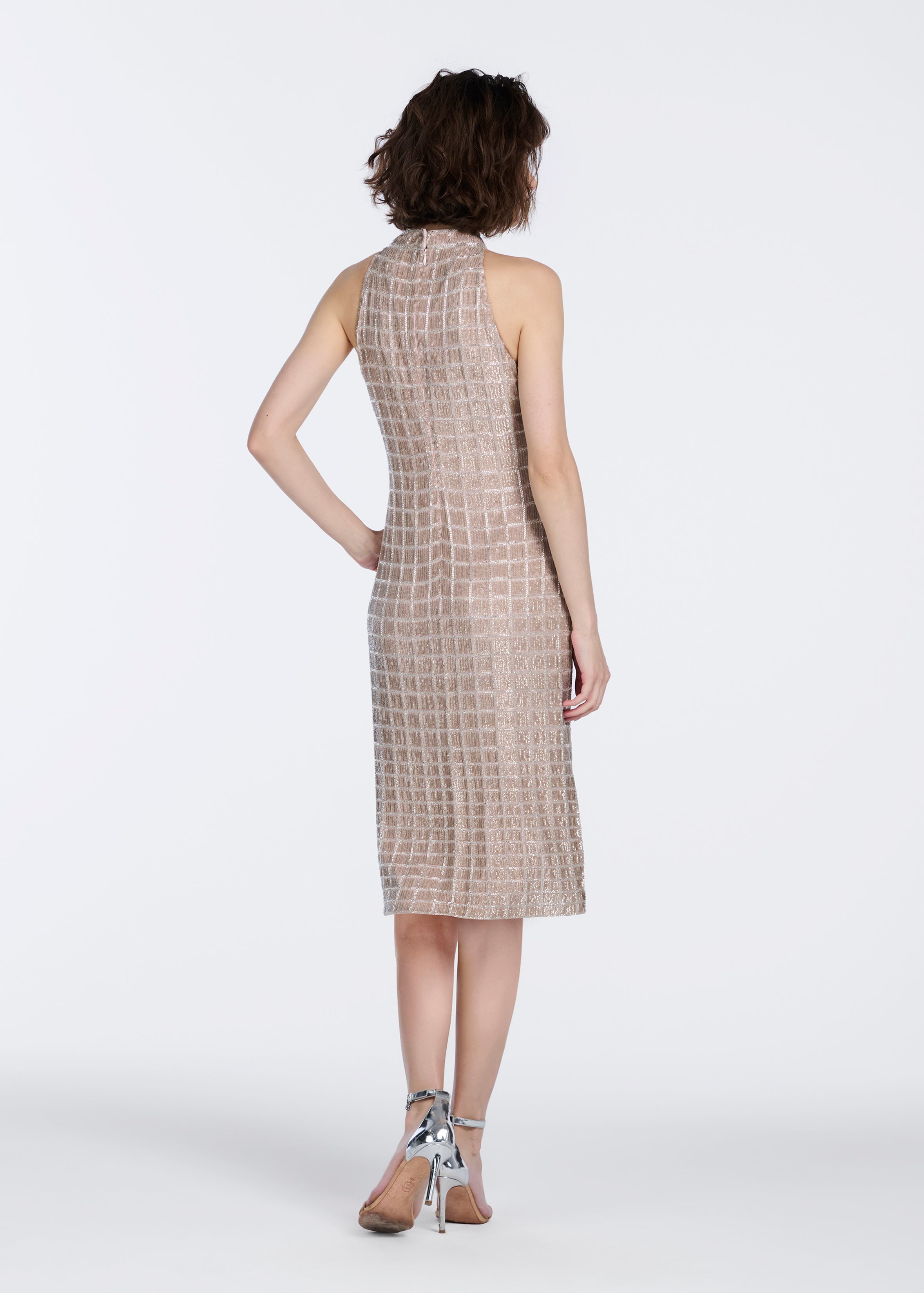 WINDOWPANE SEQUIN MOCK-NECK DRESS BLUSH