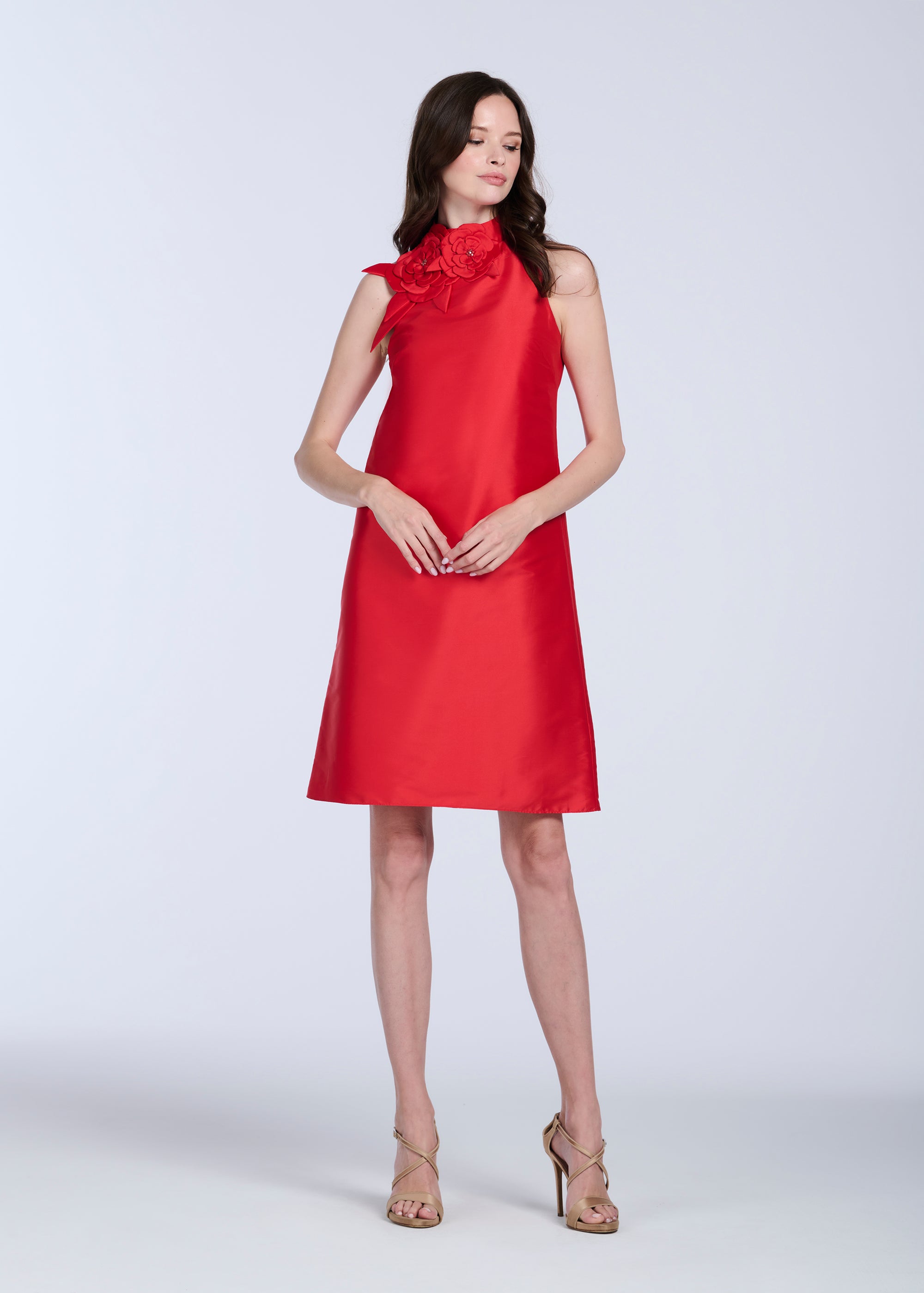 TAFFETA A-LINE DRESS WITH FLOWERS TOMATO
