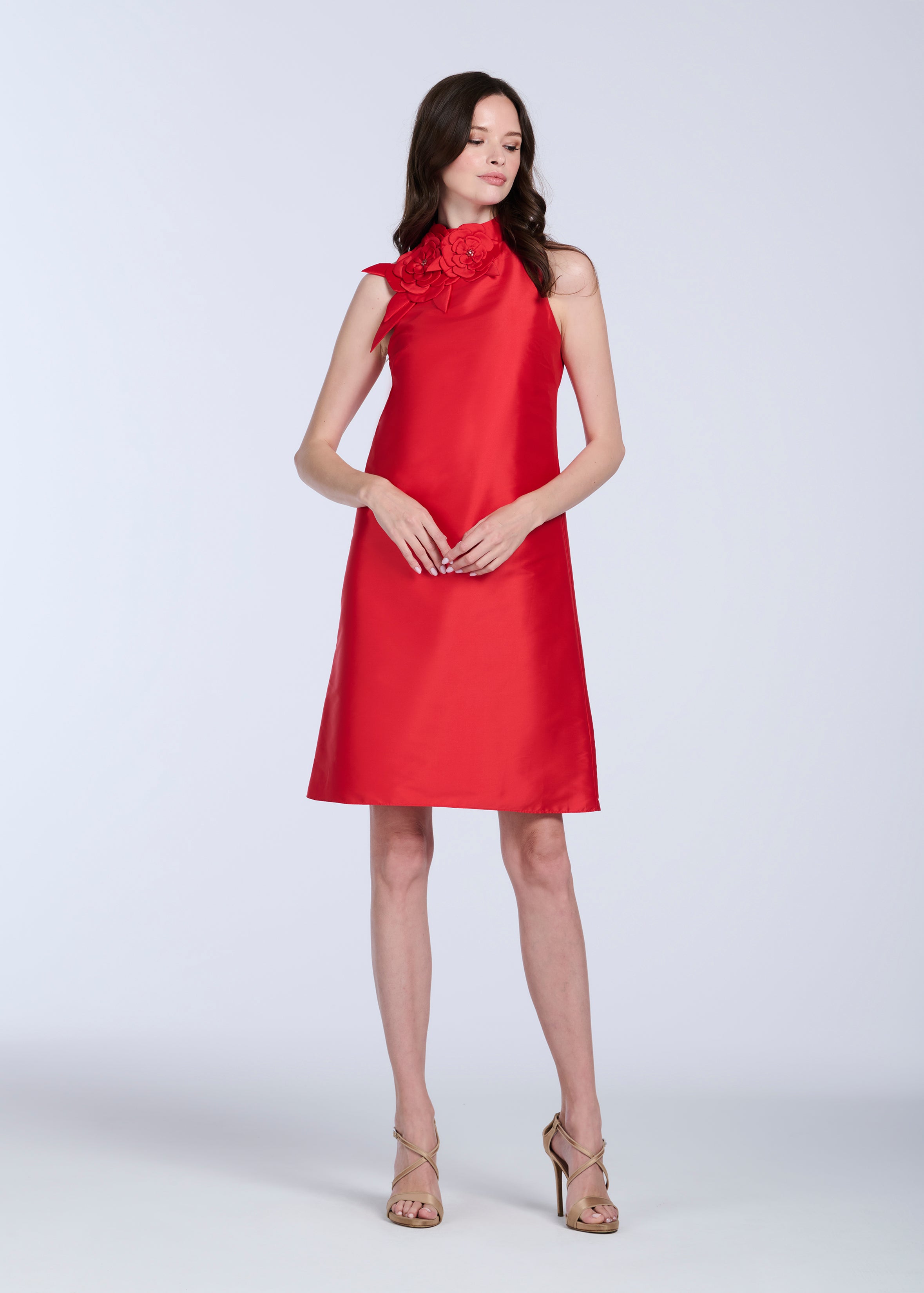 TAFFETA A-LINE DRESS WITH FLOWERS TOMATO