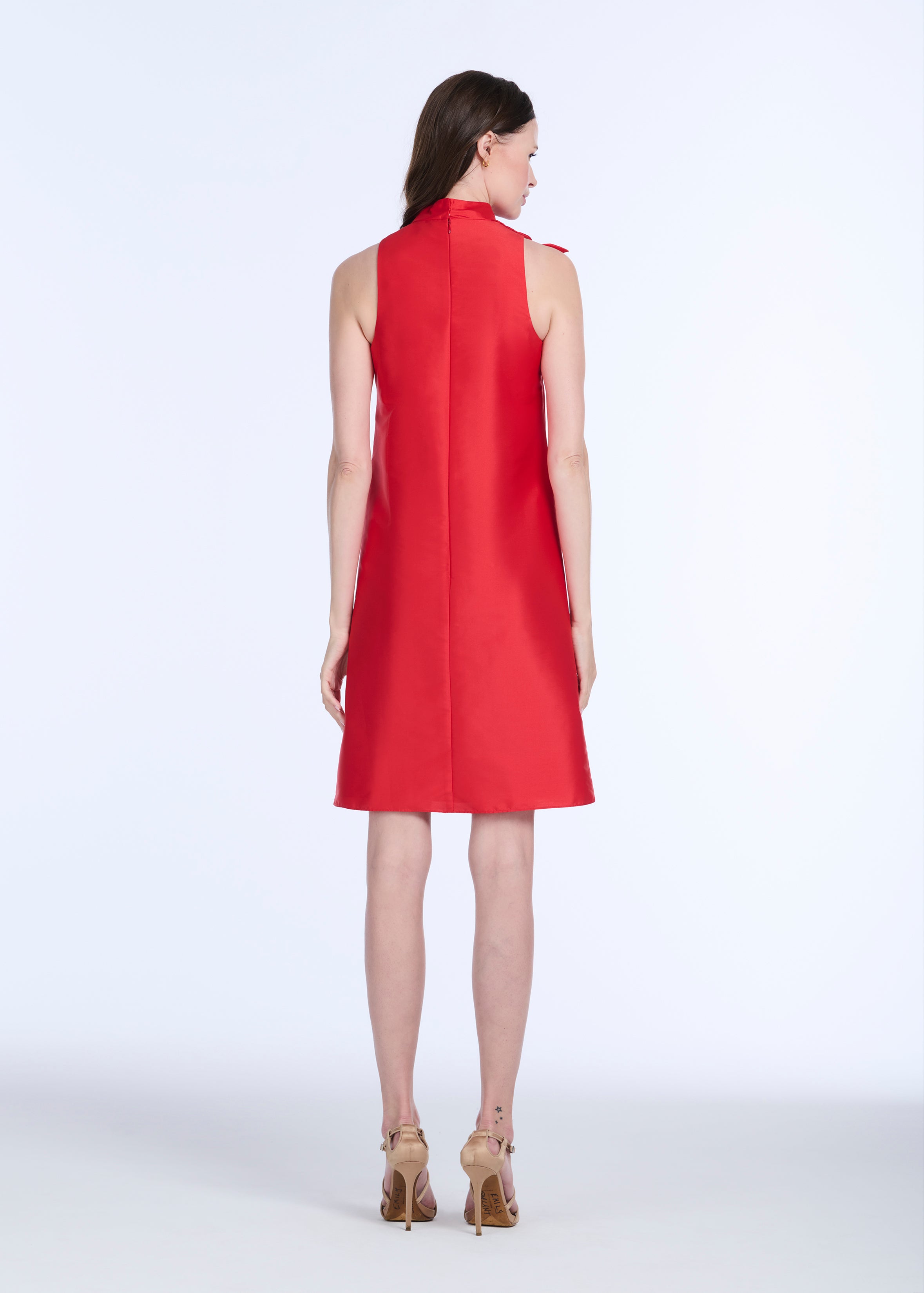 TAFFETA A-LINE DRESS WITH FLOWERS TOMATO