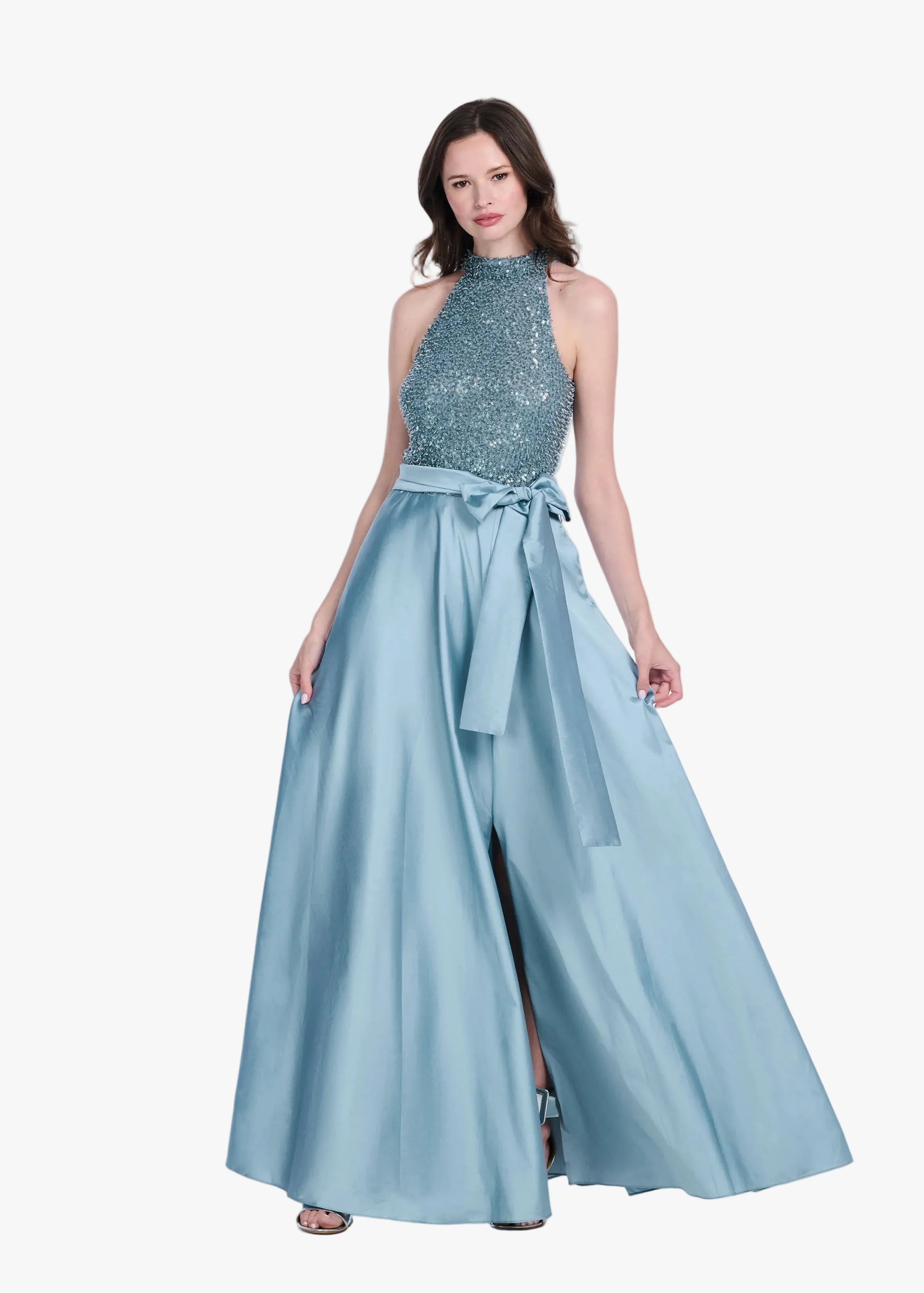 Glass Stretch Bead Mock Neck Gown with Taffeta Skirt Light Blue - 6 / Light Blue