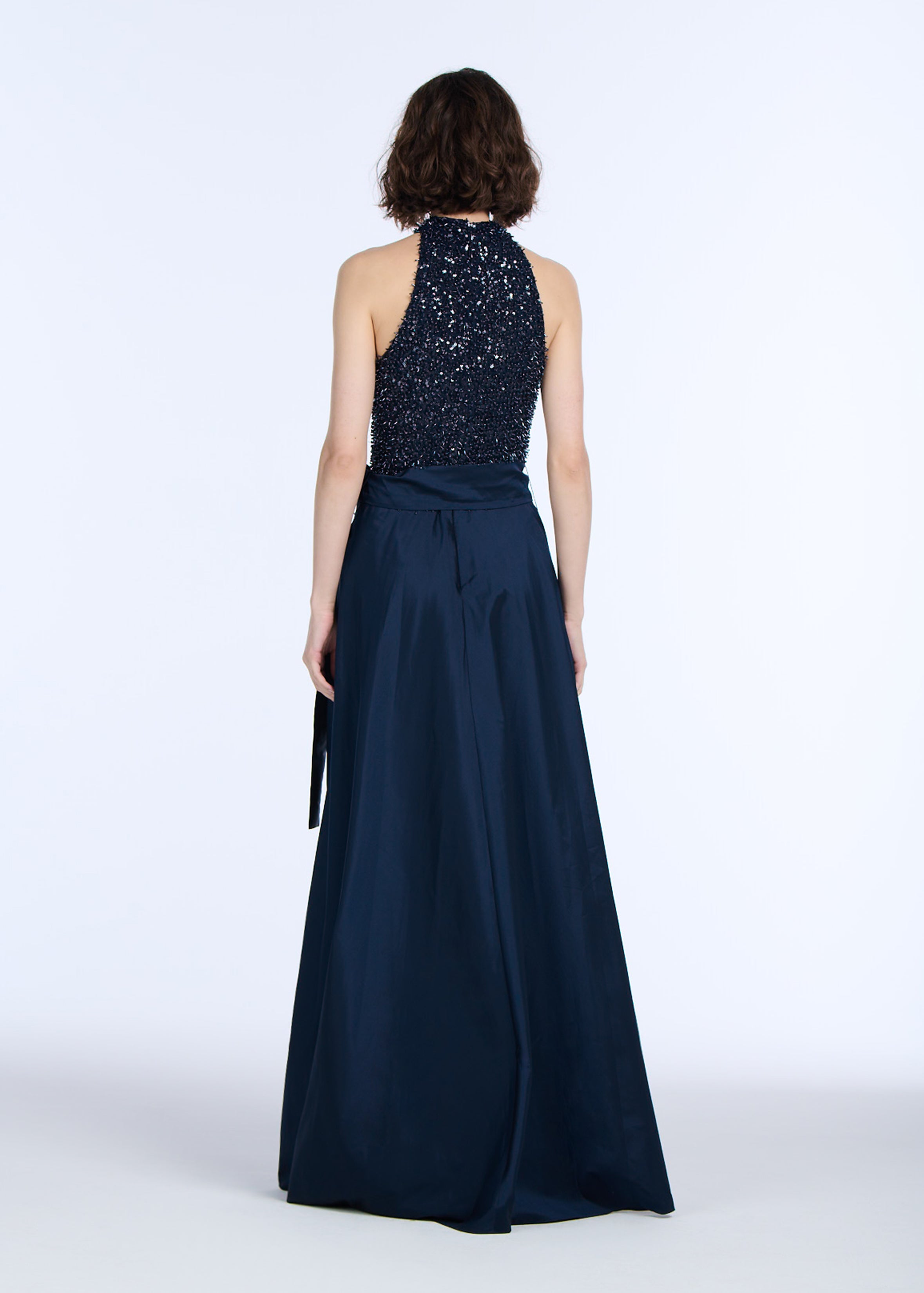 STRETCH GLASS BEADED MOCK NECK GOWN WITH TAFFETA SKIRT NAVY