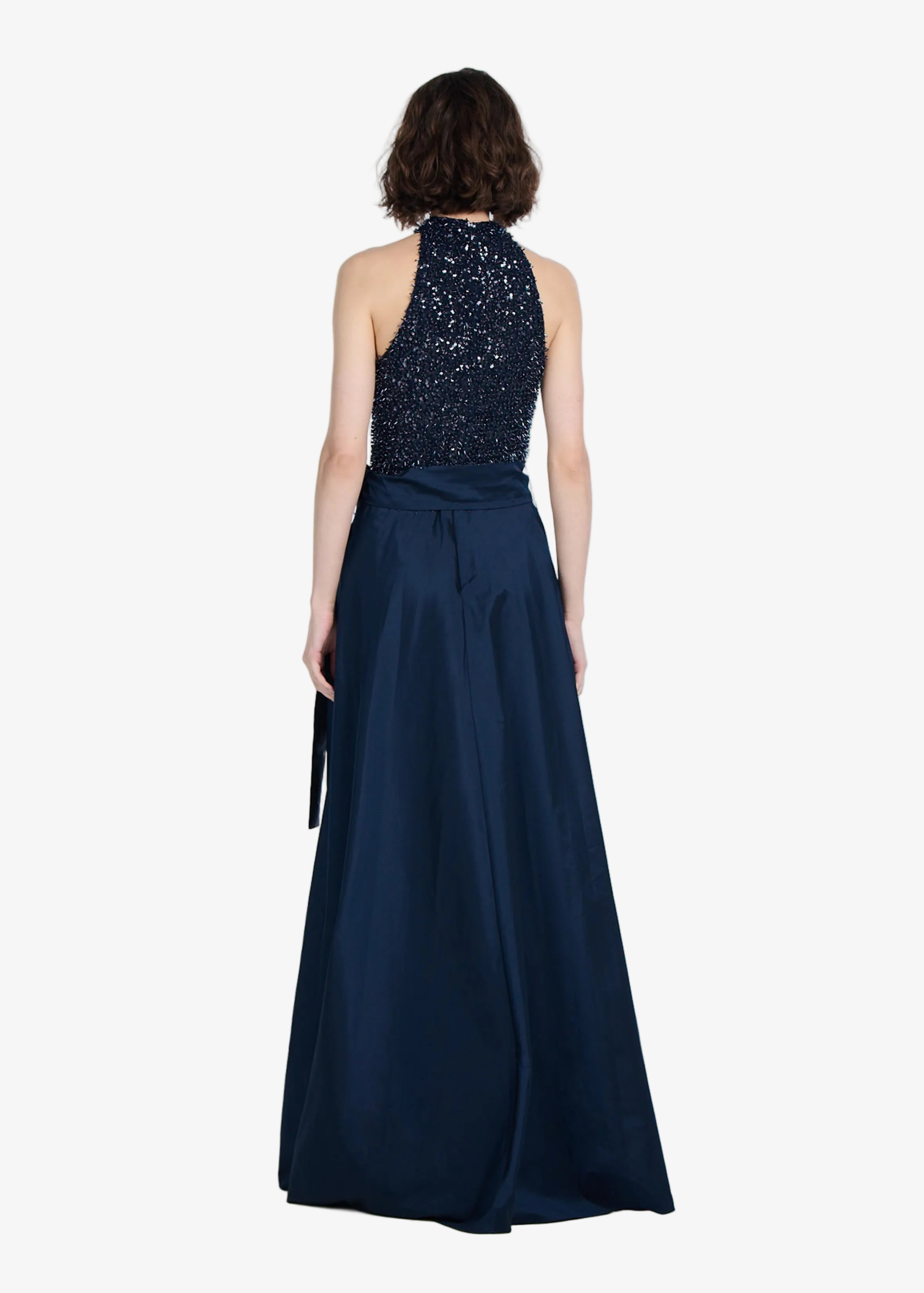 STRETCH GLASS BEADED MOCK NECK GOWN WITH TAFFETA SKIRT NAVY