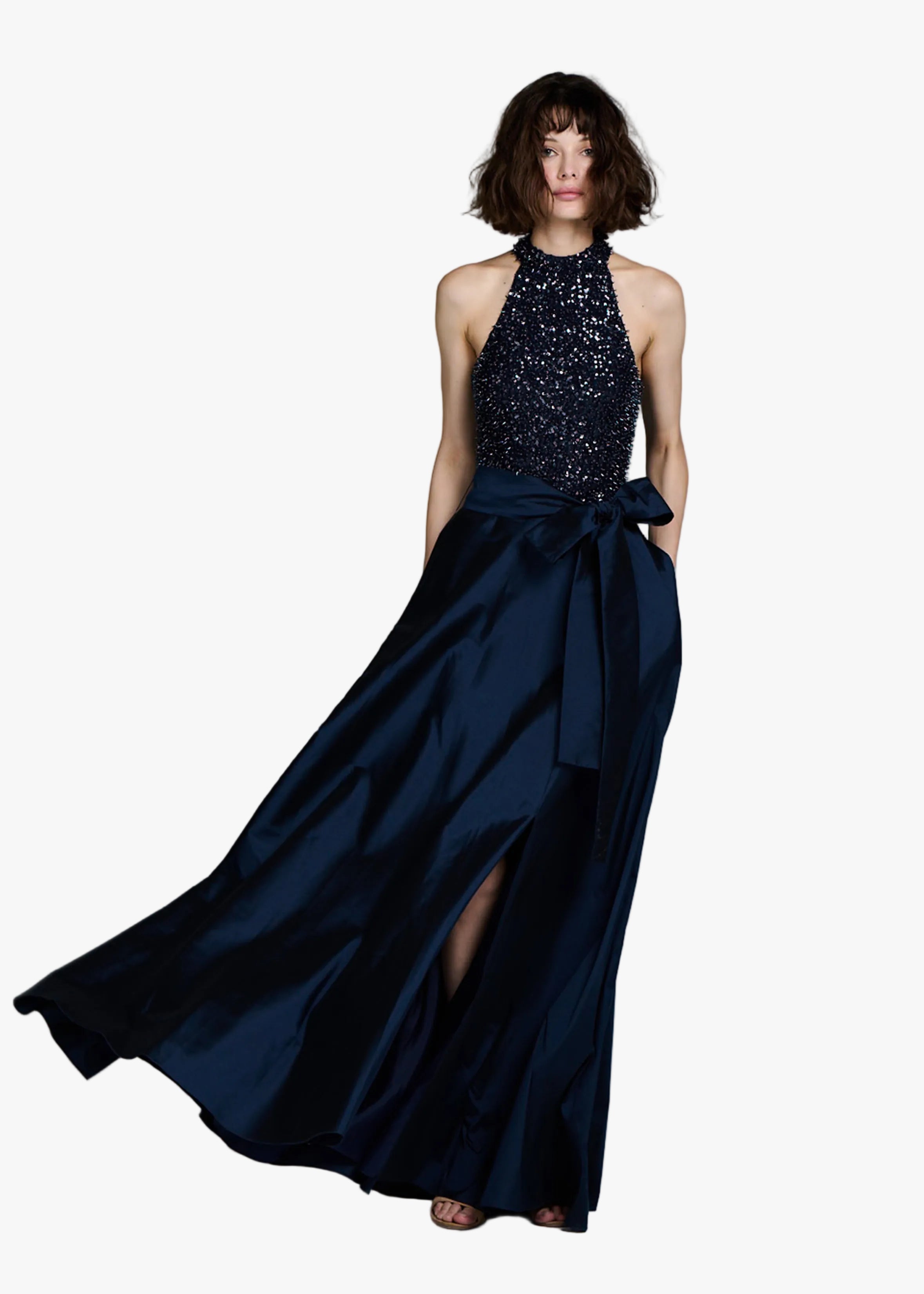 STRETCH GLASS BEADED MOCK NECK GOWN WITH TAFFETA SKIRT NAVY