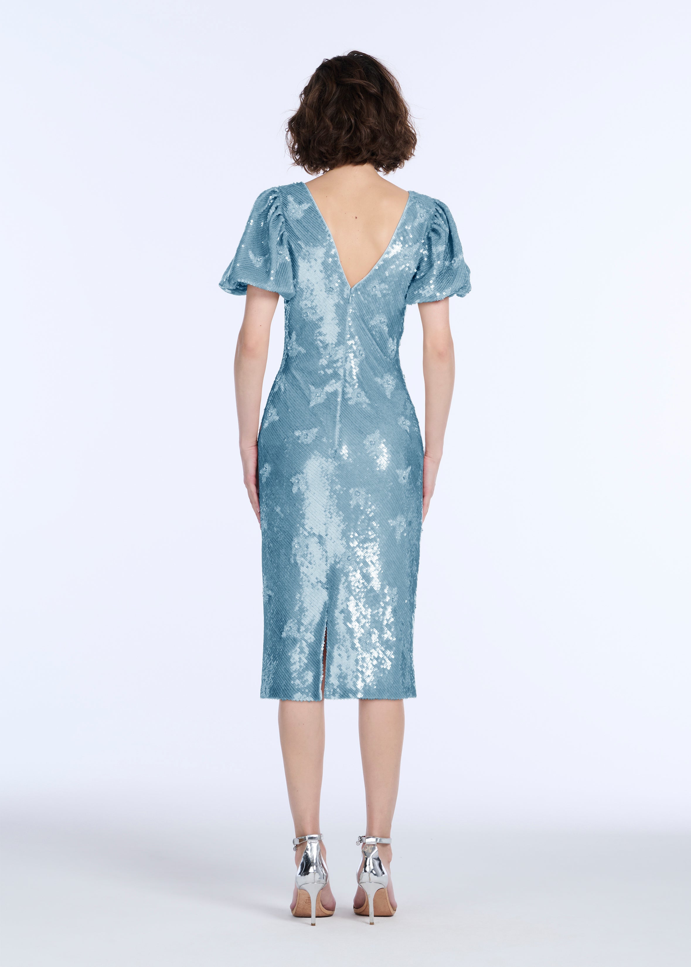 STRETCH SEQUIN FLORAL PUFF SLEEVE MIDI DRESS LIGHT BLUE