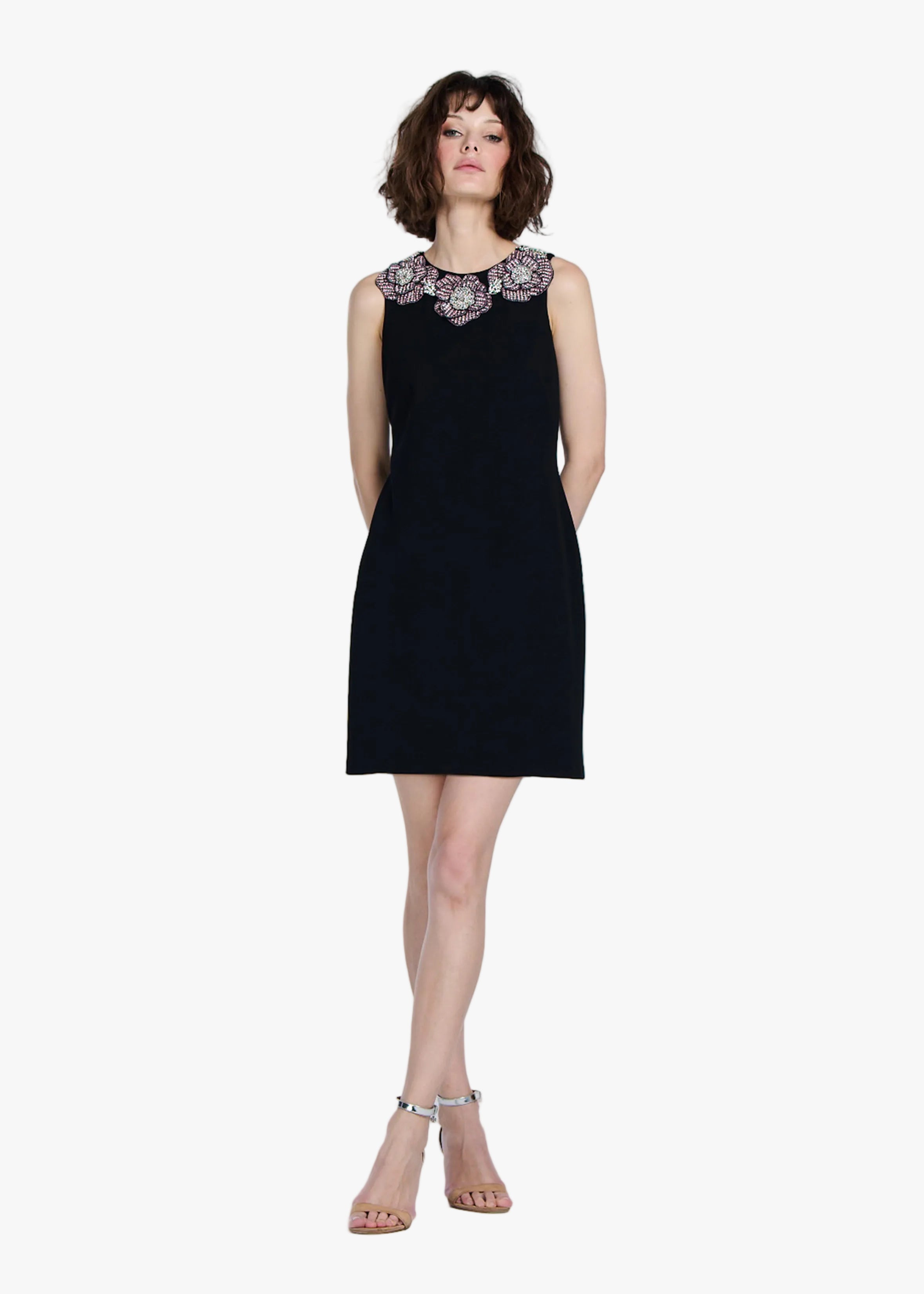 CRYSTAL FLORAL NECK SHIFT DRESS BLACK | Emily Shalant CRYSTAL FLORAL NECK SHIFT DRESS BLACK | Emily Shalant