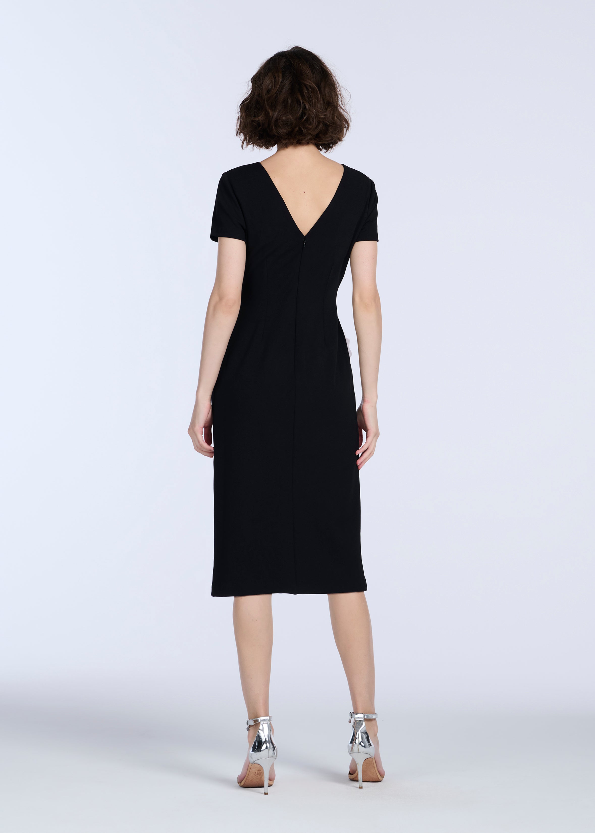 STRETCH CREPE ORGANZA CRYSTAL FLOWER APPLIQUE MIDI DRESS BLACK