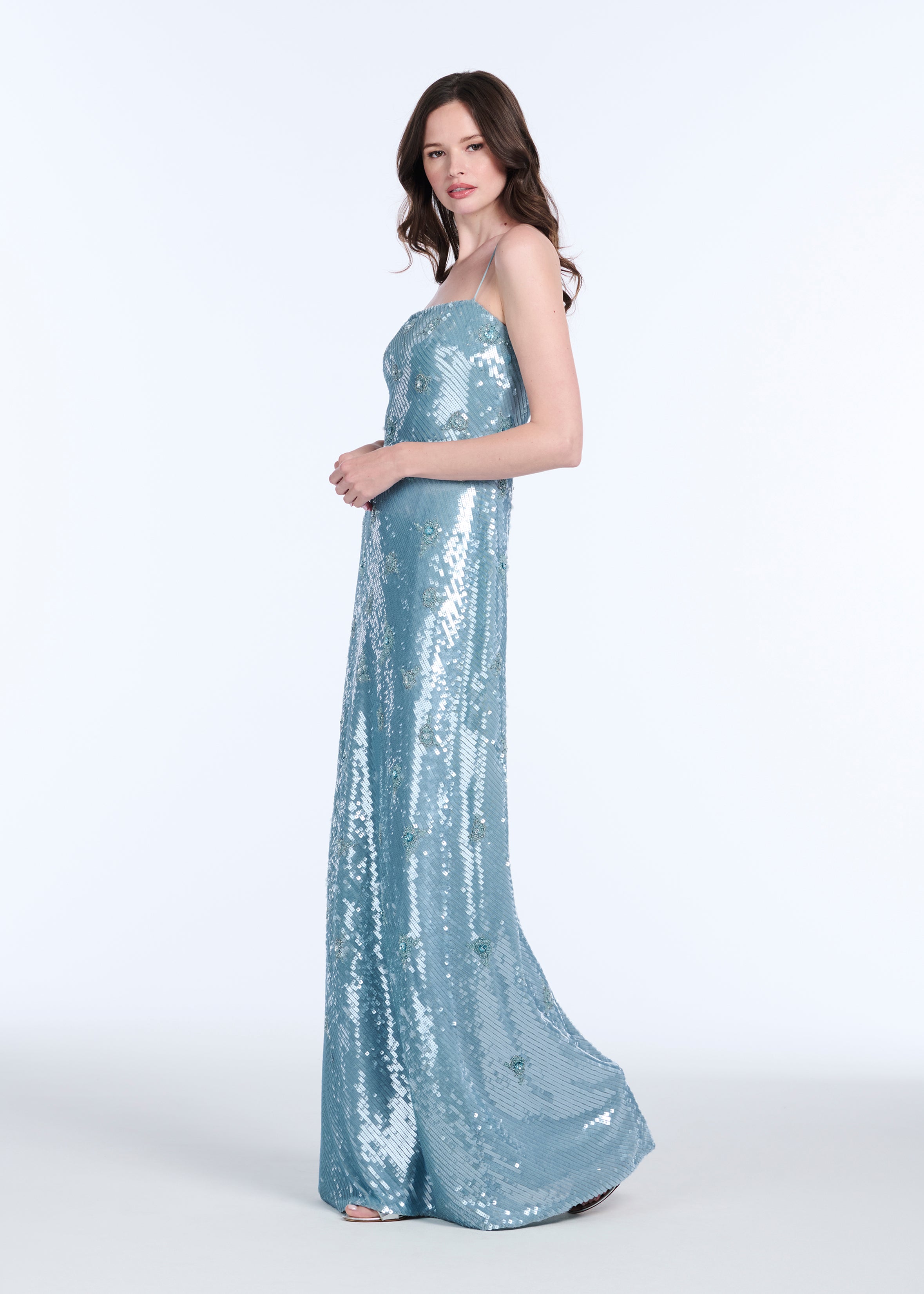 BIAS SEQUIN COLUMN GOWN W GLASS BEADED FLOWERS LIGHT BLUE
