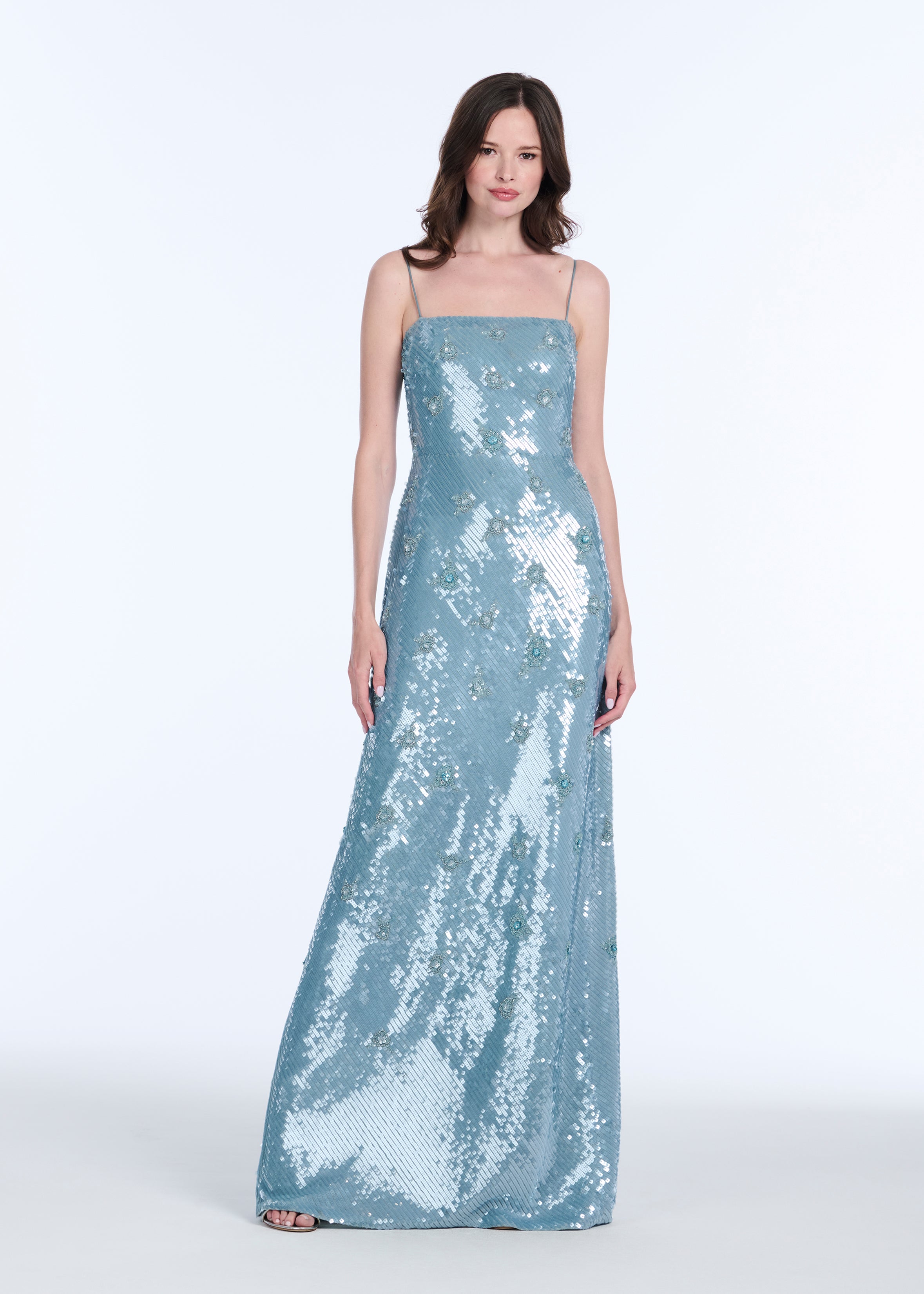 BIAS SEQUIN COLUMN GOWN W GLASS BEADED FLOWERS LIGHT BLUE