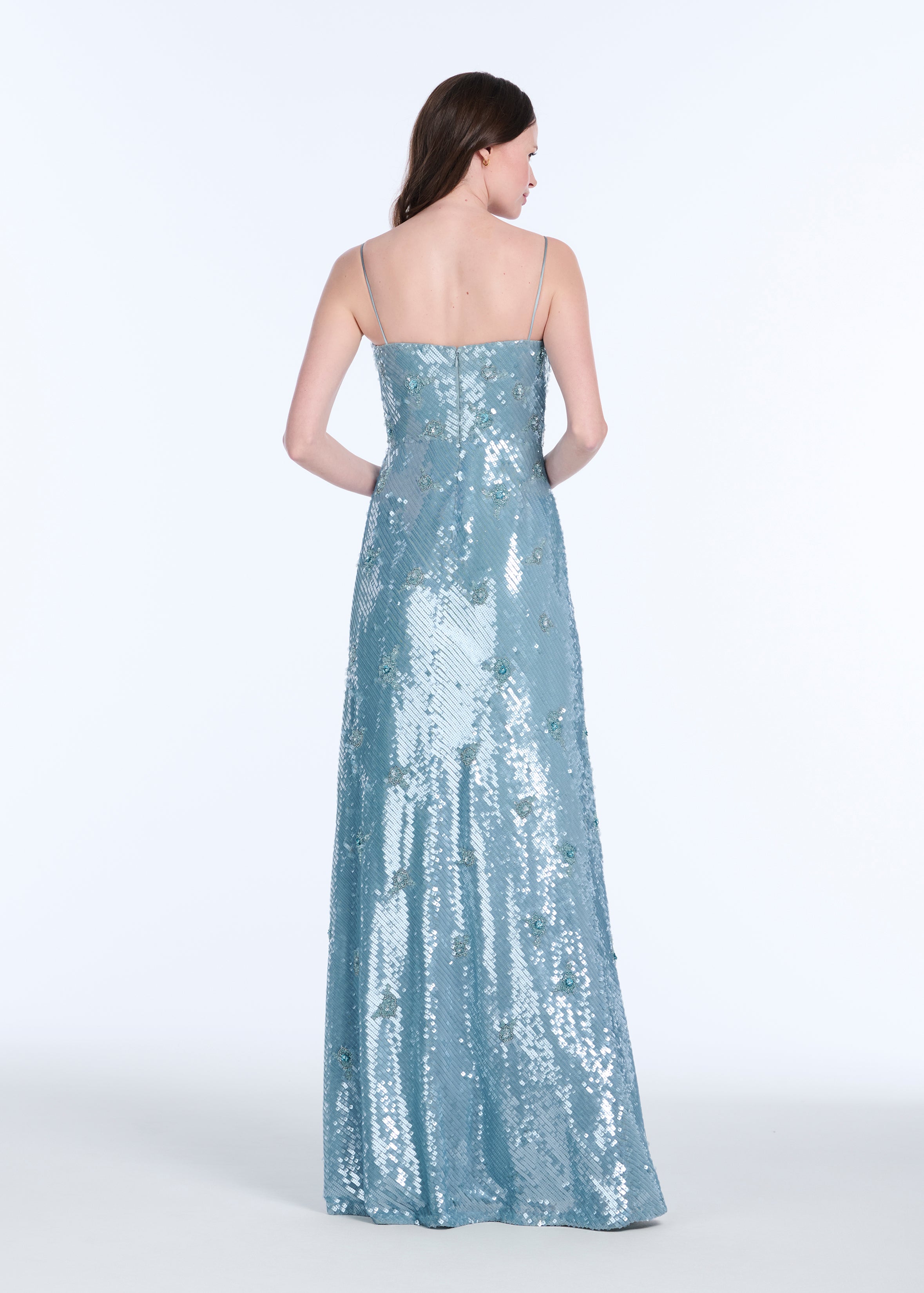 BIAS SEQUIN COLUMN GOWN W GLASS BEADED FLOWERS LIGHT BLUE