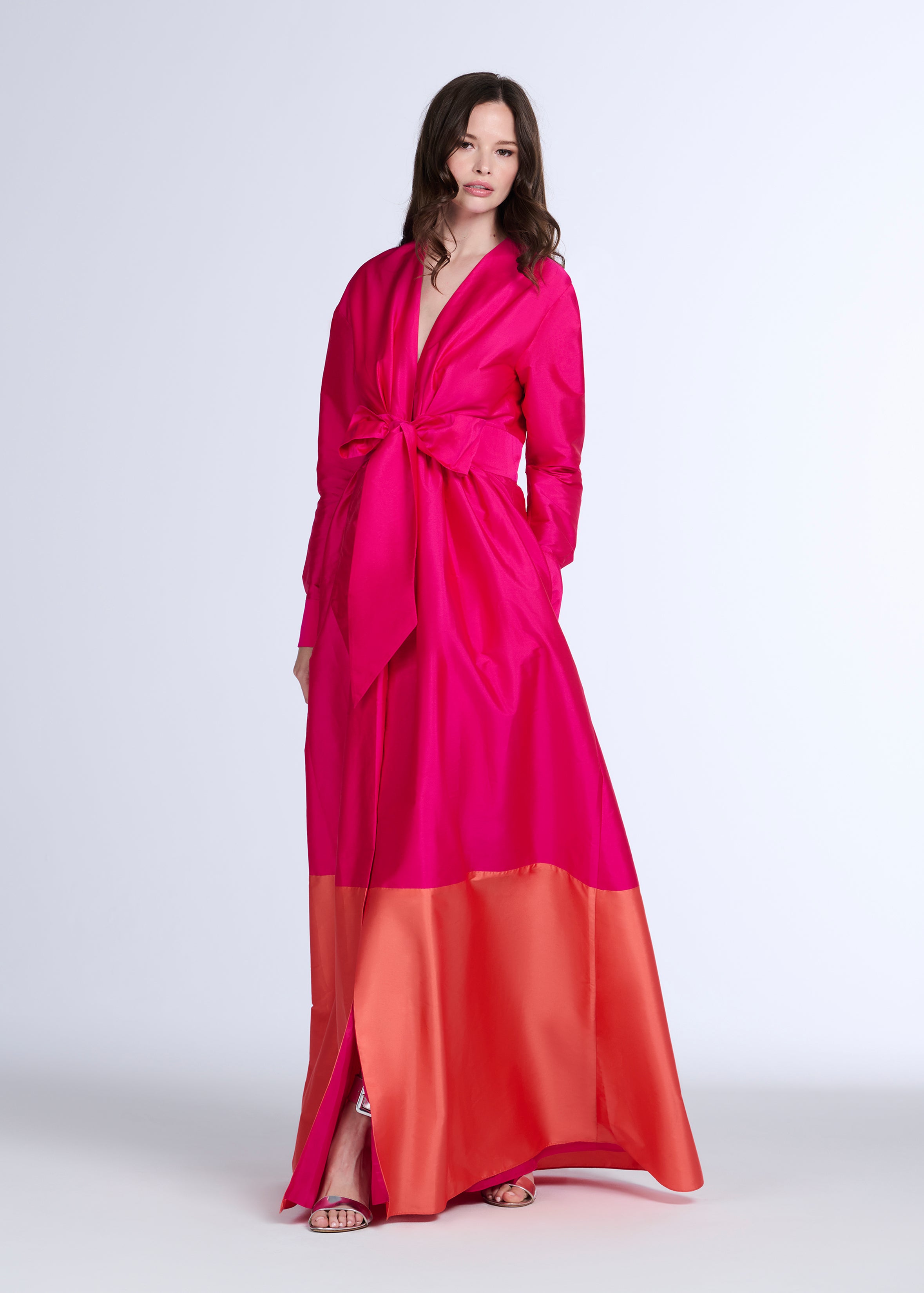 TAFFETA COLOR BLOCKED WRAP GOWN
