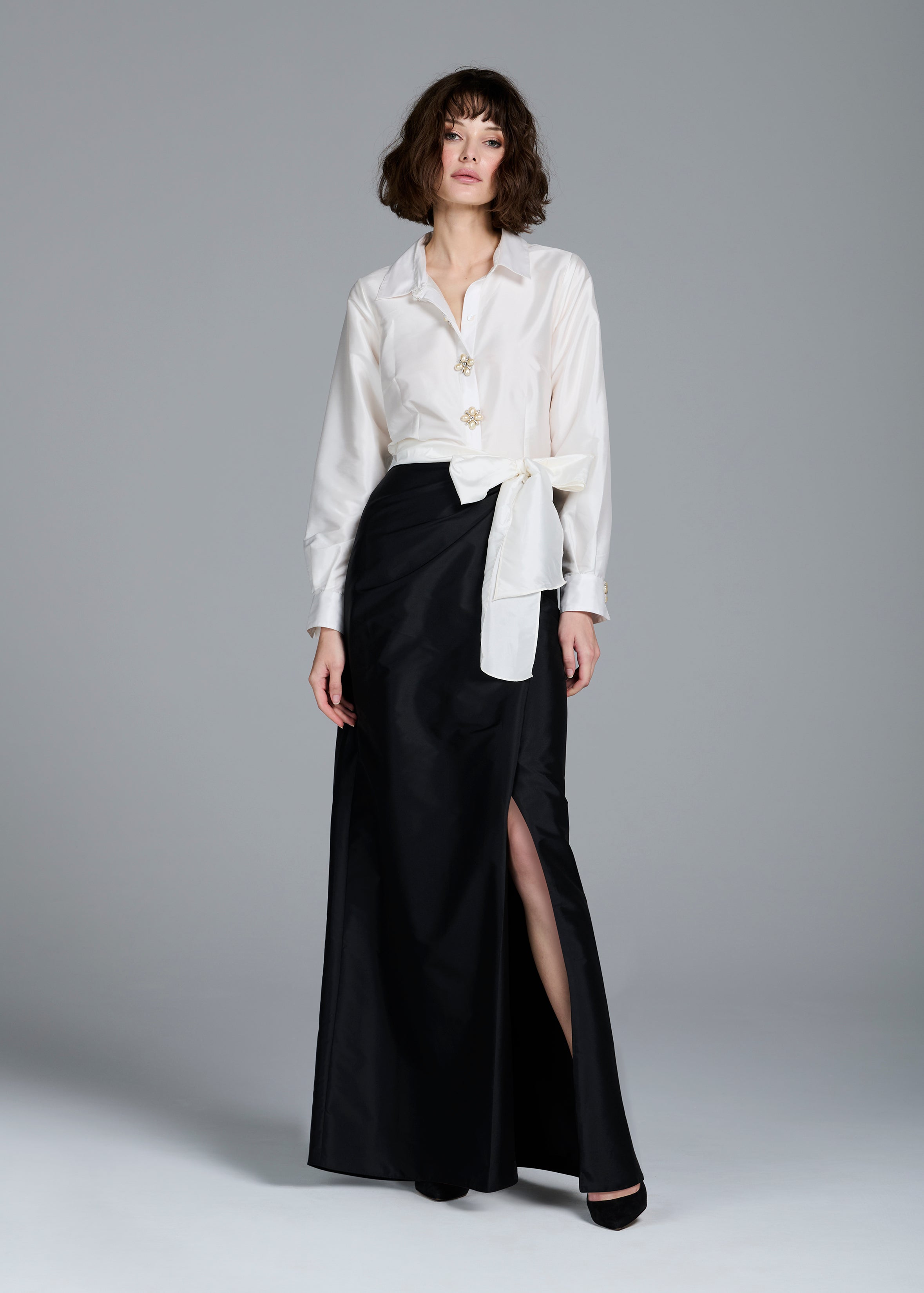 SOFT TAFFETA FAUX WRAP SKIRT NAVY BLACK IVORY