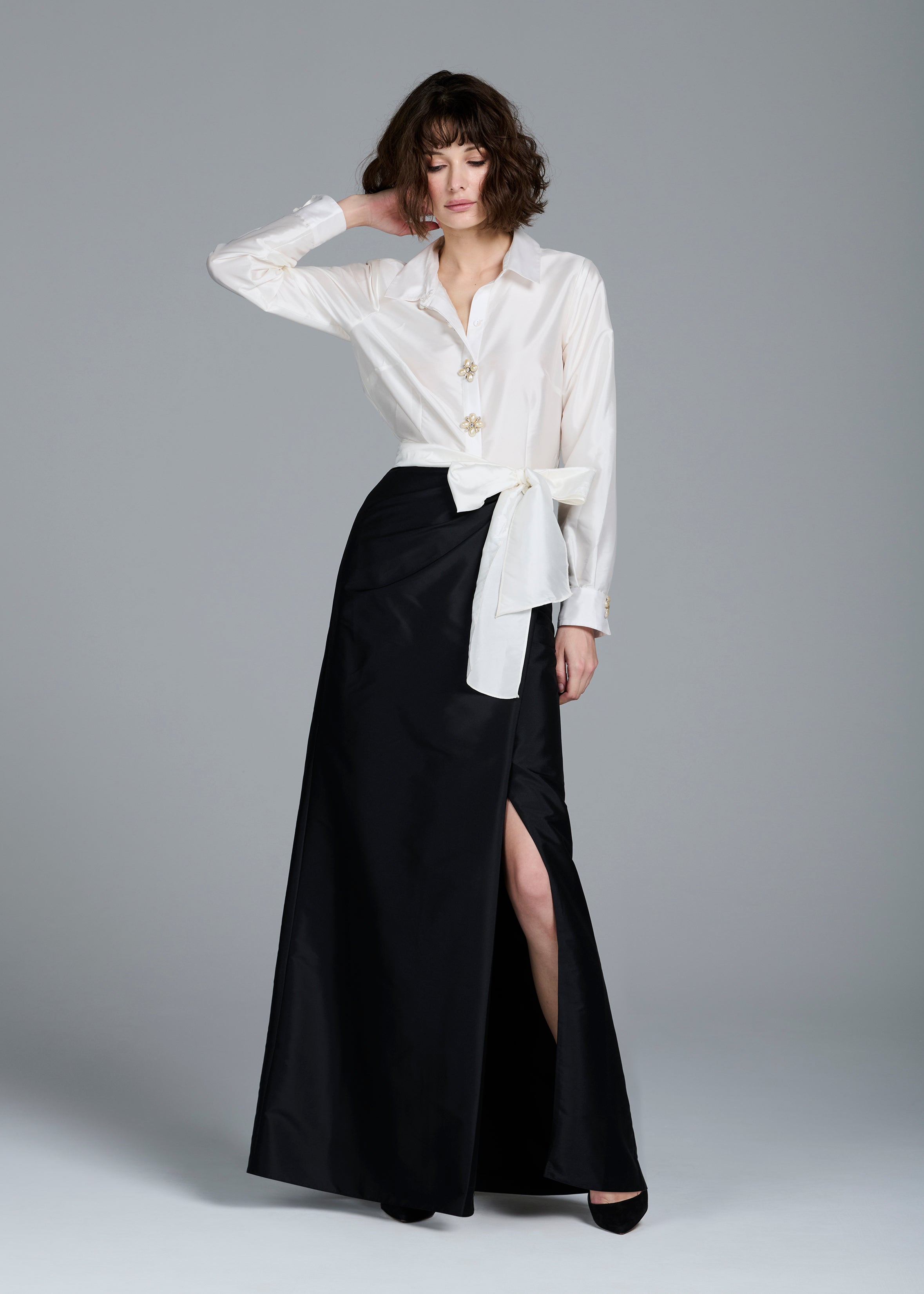 SOFT TAFFETA FAUX WRAP SKIRT NAVY BLACK IVORY