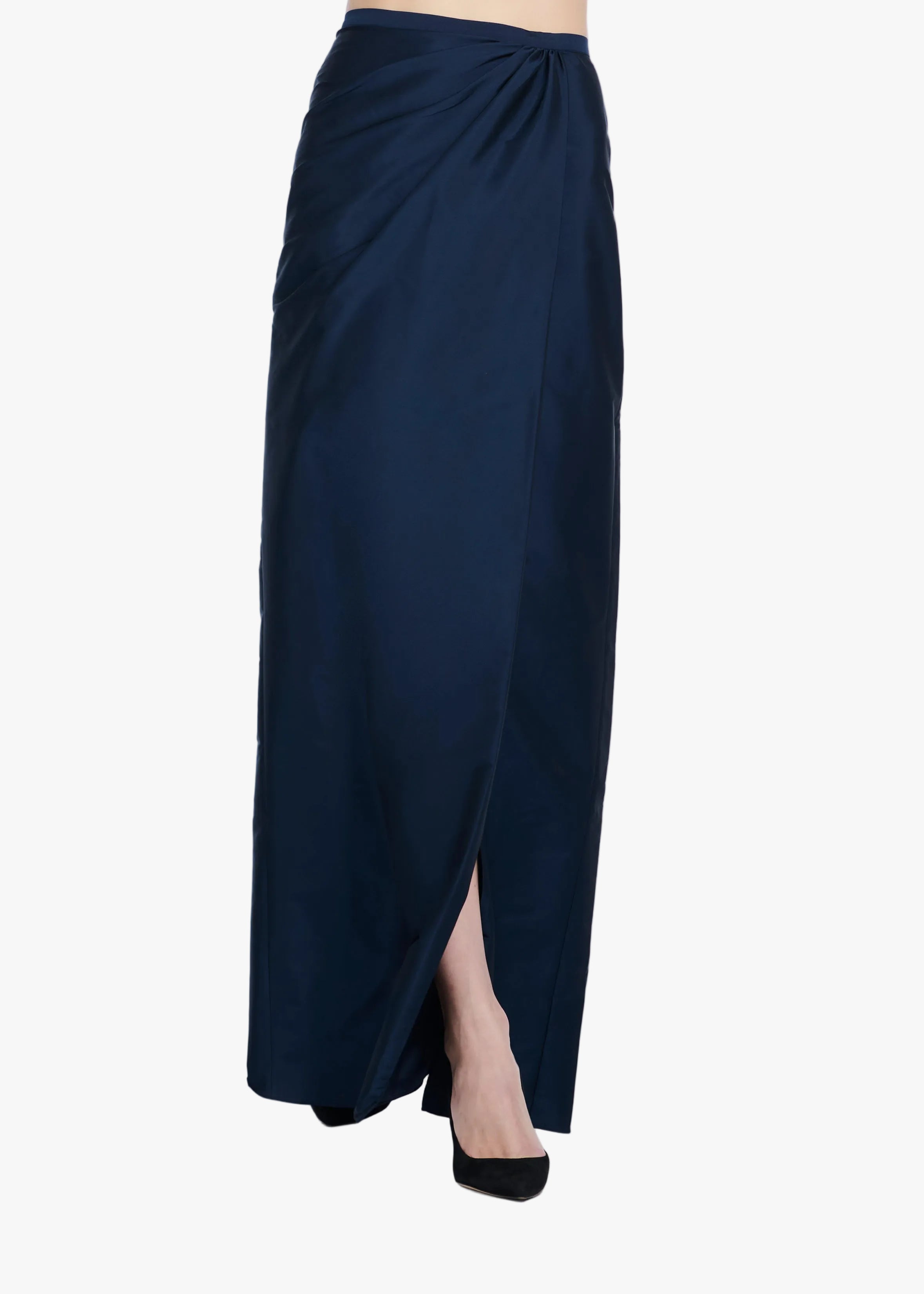 SOFT TAFFETA FAUX WRAP SKIRT NAVY | Emily Shalant