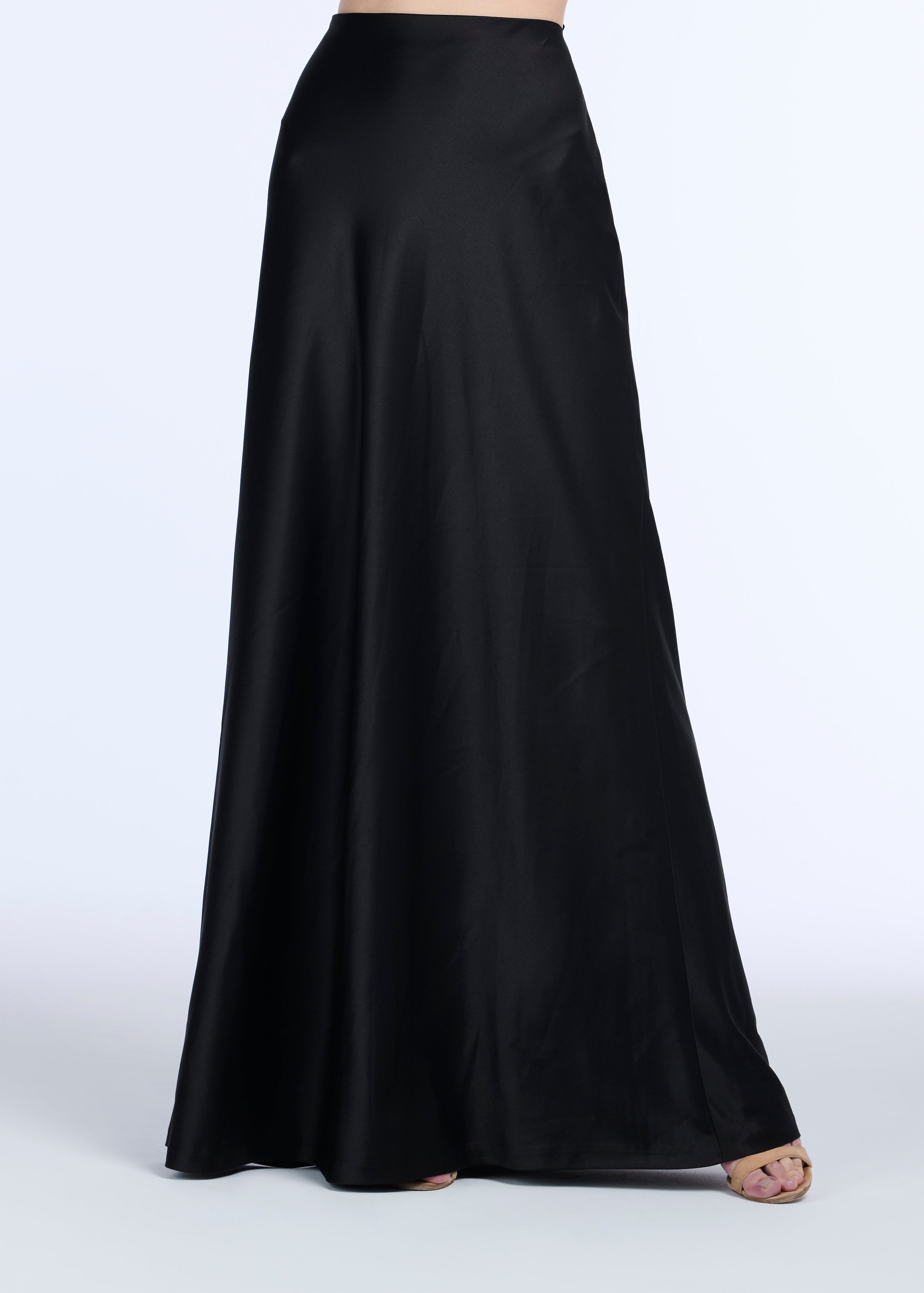 STRETCH SATIN BIAS LONG A-LINE SKIRT - BLACK