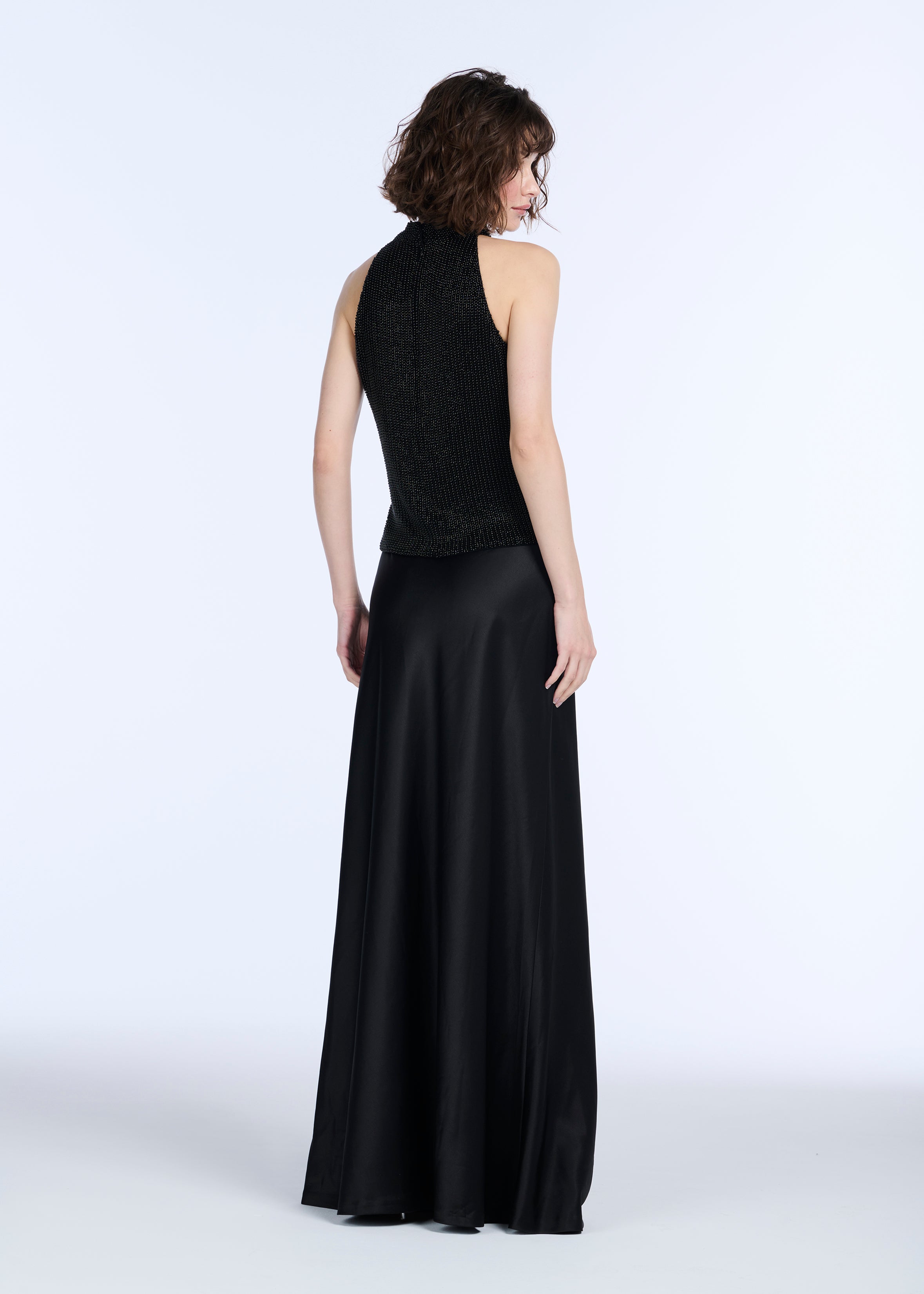 PEARL ENCRUSTED SLEEVELESS MOCK NECK - BLACK