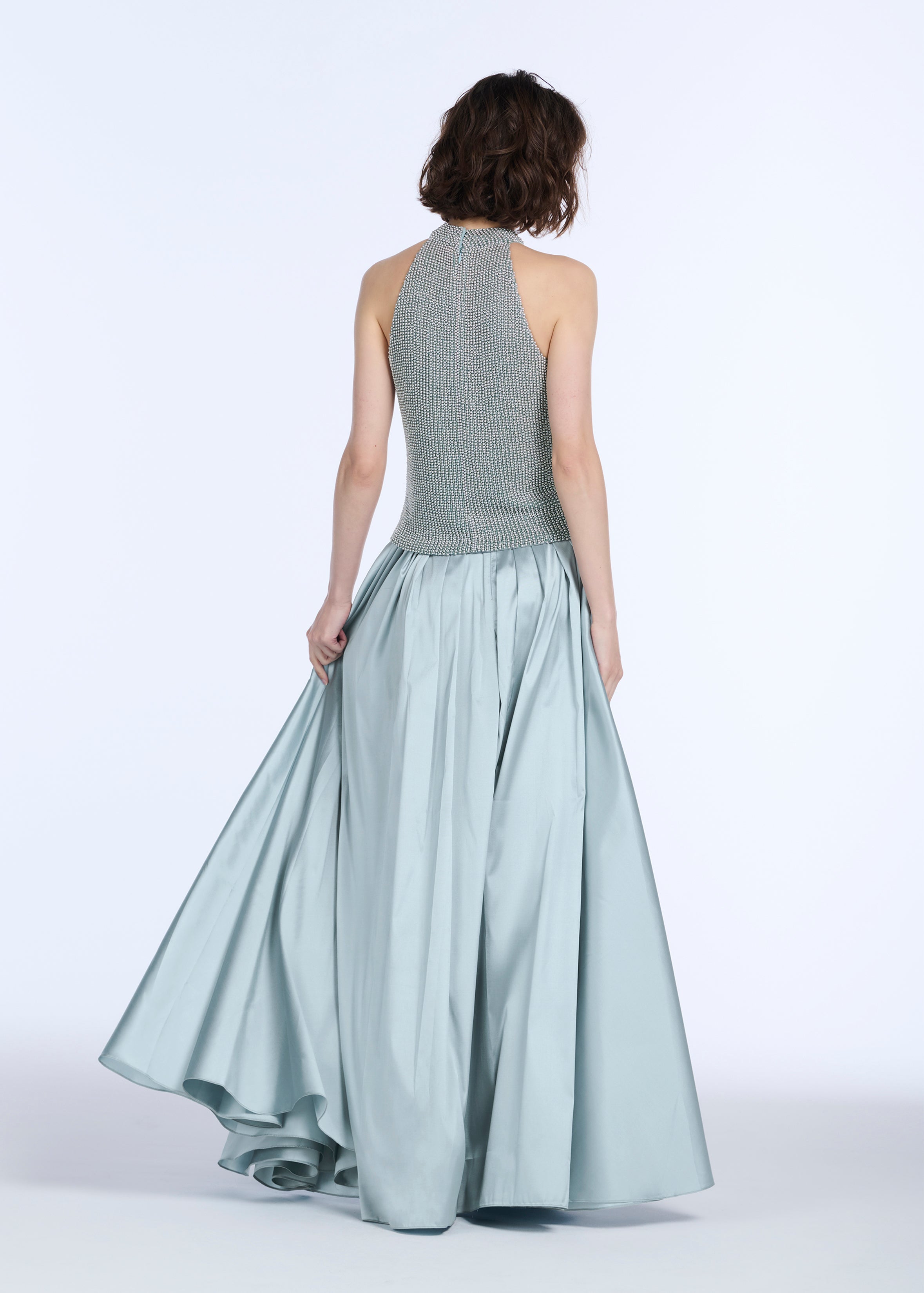 LIGHT BLUE PEARL ENCRUSTED SLEEVELESS MOCK NECK