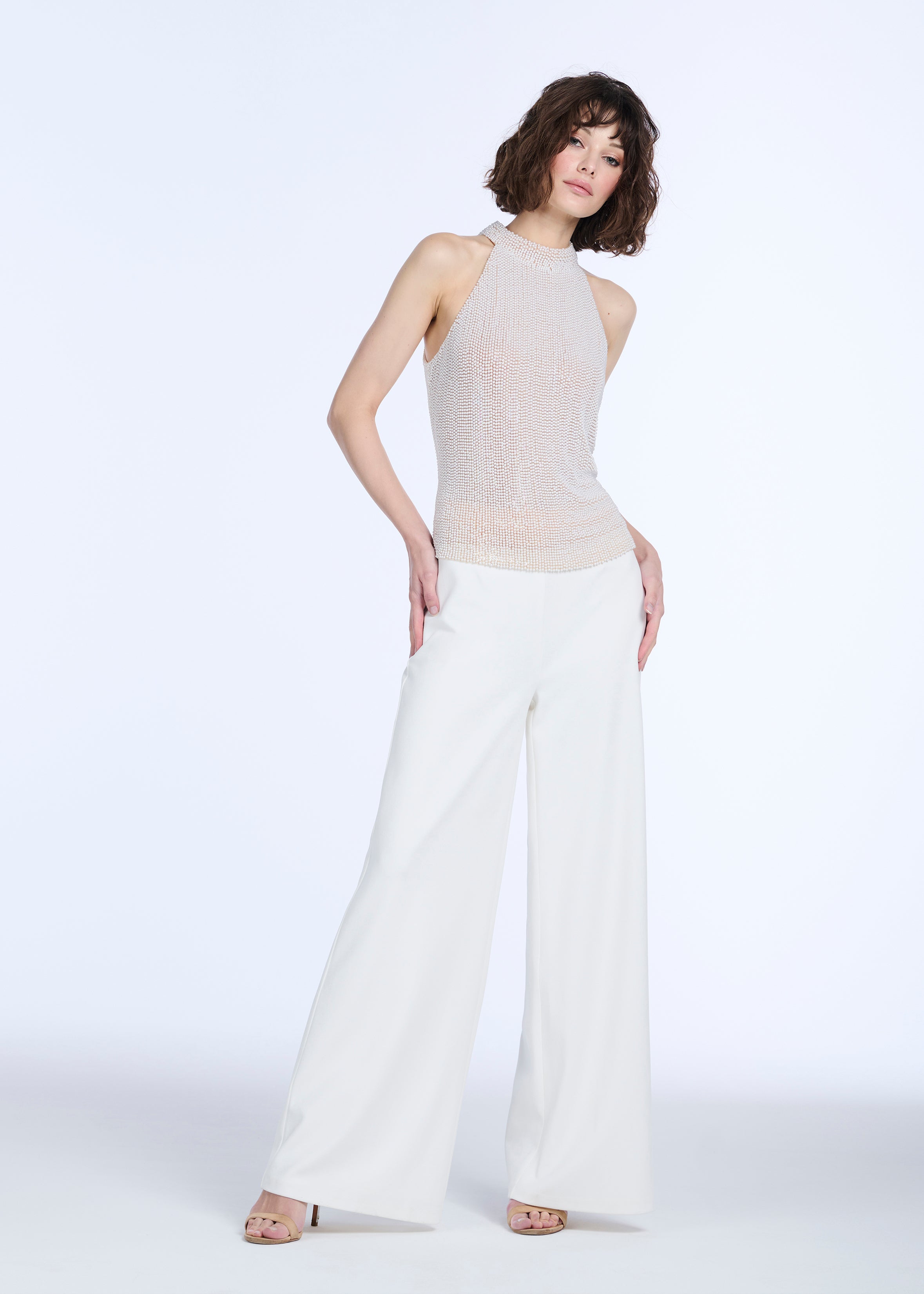 PEARL ENCRUSTED SLEEVELESS MOCK NECK IVORY