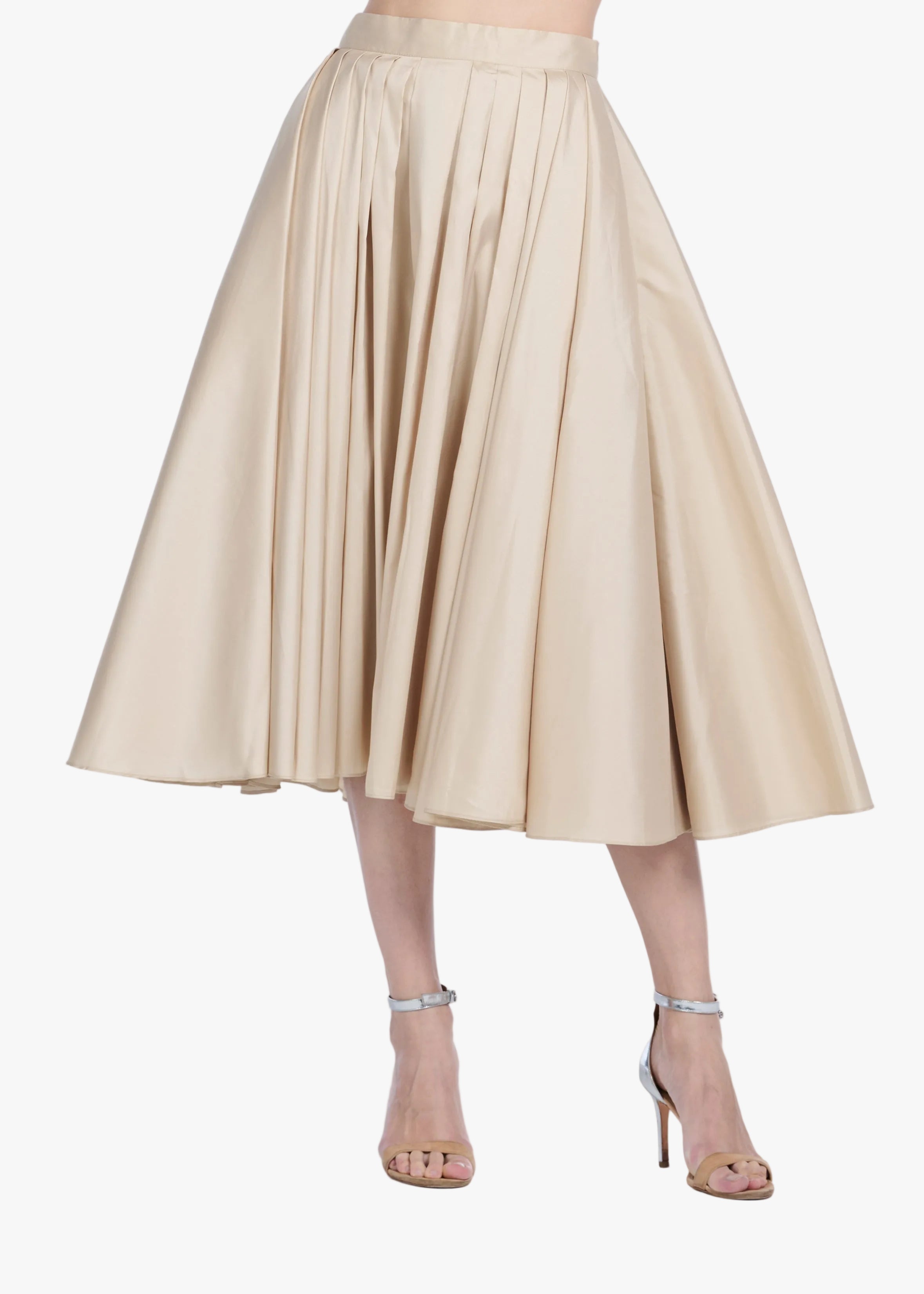 TEA LENGTH PLEATED SOFT TAFFETA MIDI SKIRT CHAMPAGNE | Emily Shalant