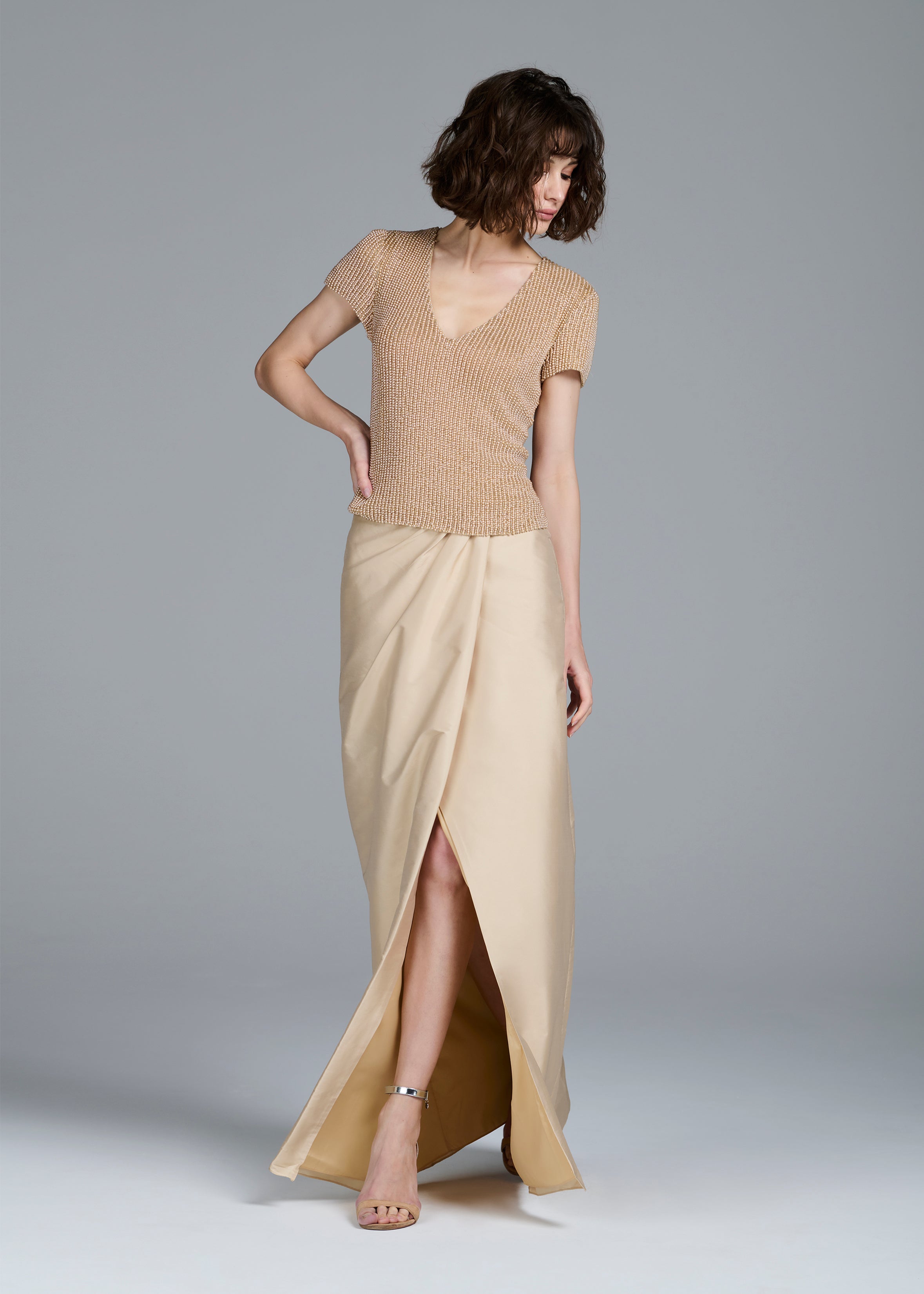 TAFFETA SLIM WRAP SKIRT - CHAMPAGNE