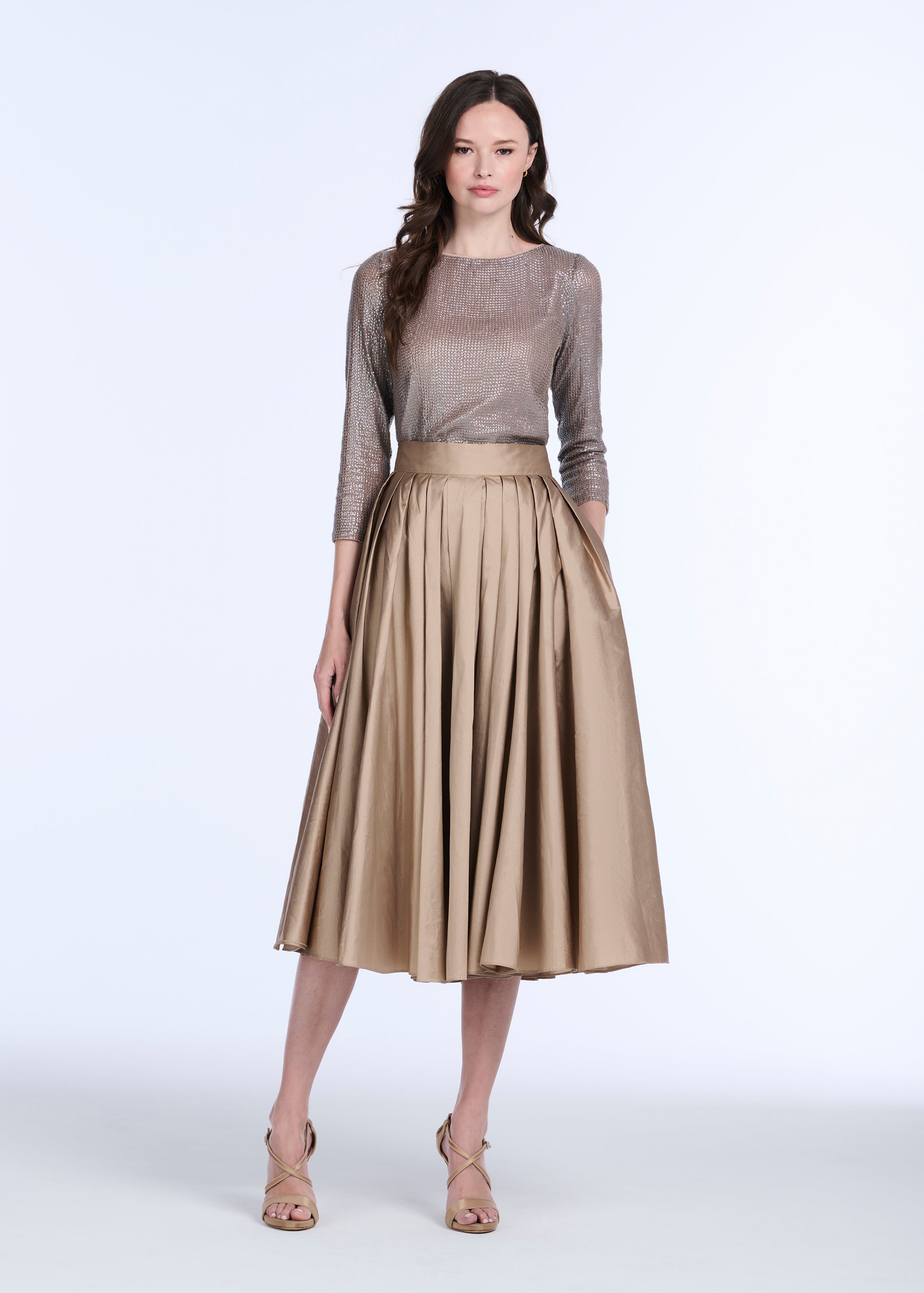 STRETCH SEQUIN 3/4 SLEEVE BALLET NECK TOP SUNTAN